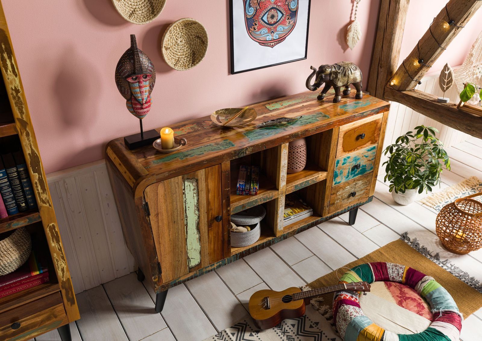 Massivmoebel24 Sideboard SIXTIES (Massivholz), Sideboard Altholz 150x40x86 mehrfarbig lackiert SIXTIES #101