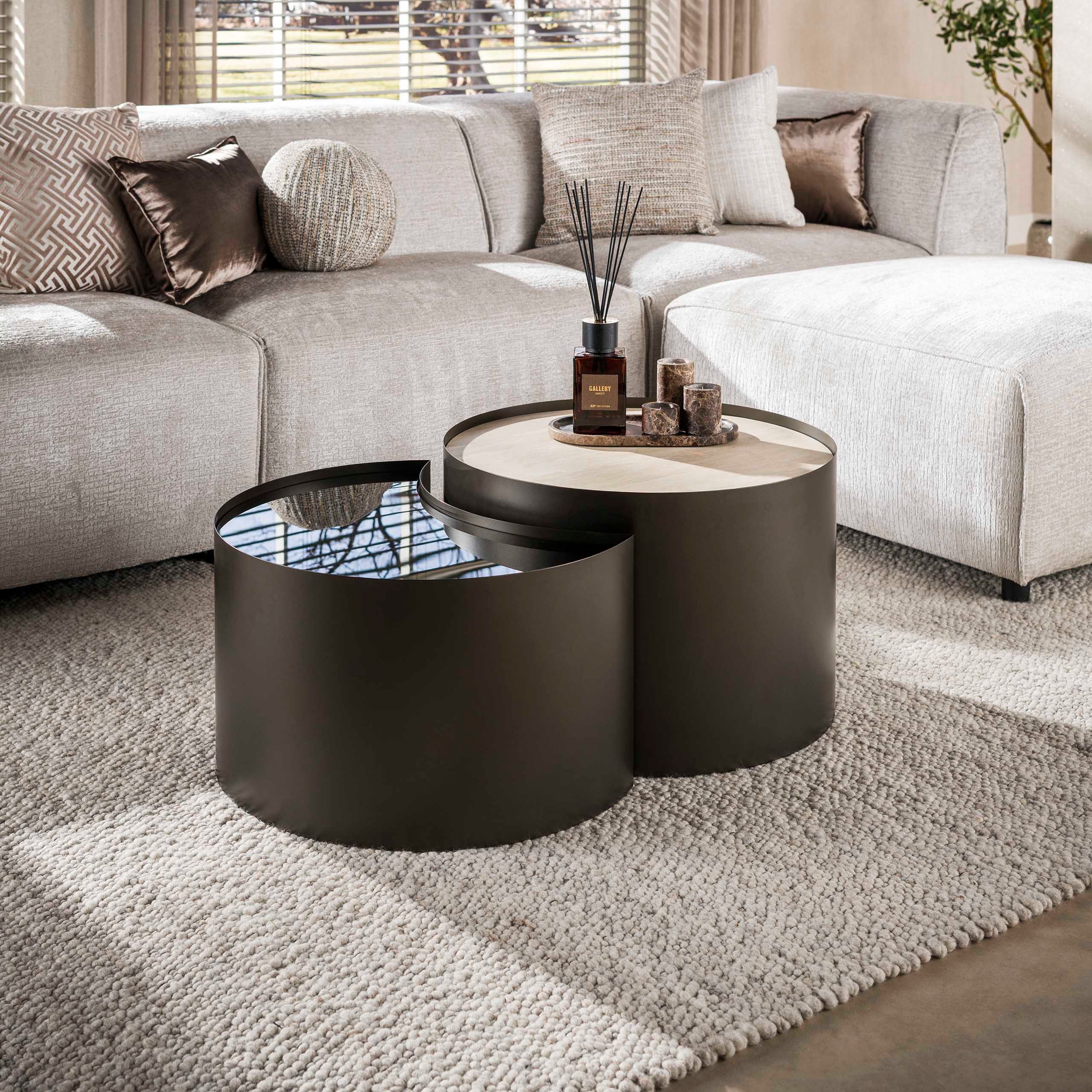 Sitheim® Couchtisch METAL Couchtisch half moon Set aus 2 / 3D Keramik travertin (Spar-Set, 2er Set)