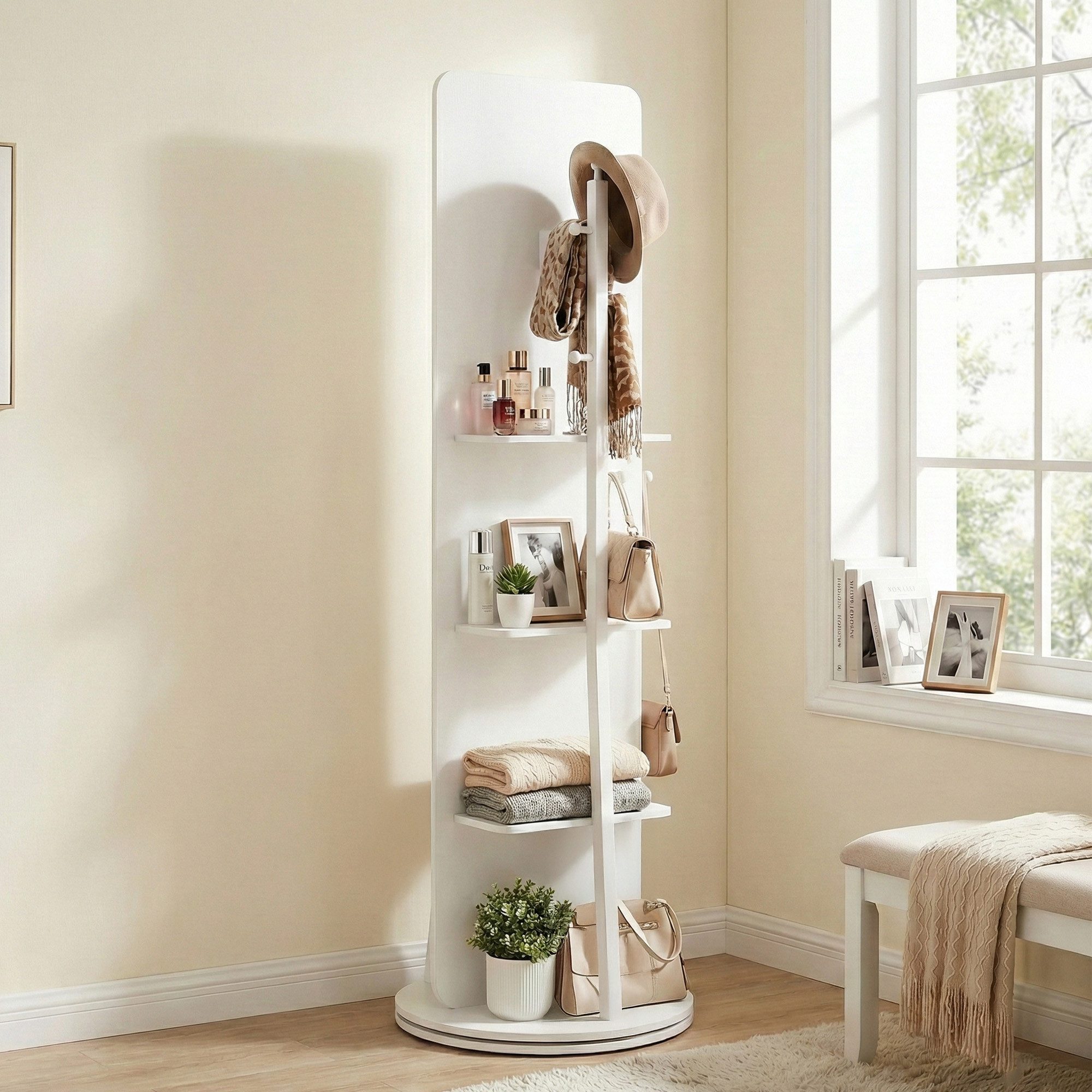 SONGMICS Standspiegel 360° drehbarer Spiegel, mit Sockel, Ablagen und Haken, klares Hartglas, 163 x 45 cm (H×D), für Schlafzimmer, Wohnzimmer