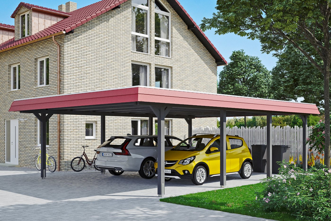 Thumbnail - Skanholz Doppelcarport Wendland, BxT: 630x879 cm, 216 cm Einfahrtshöhe, mit Aluminiumdach, rote Blende
