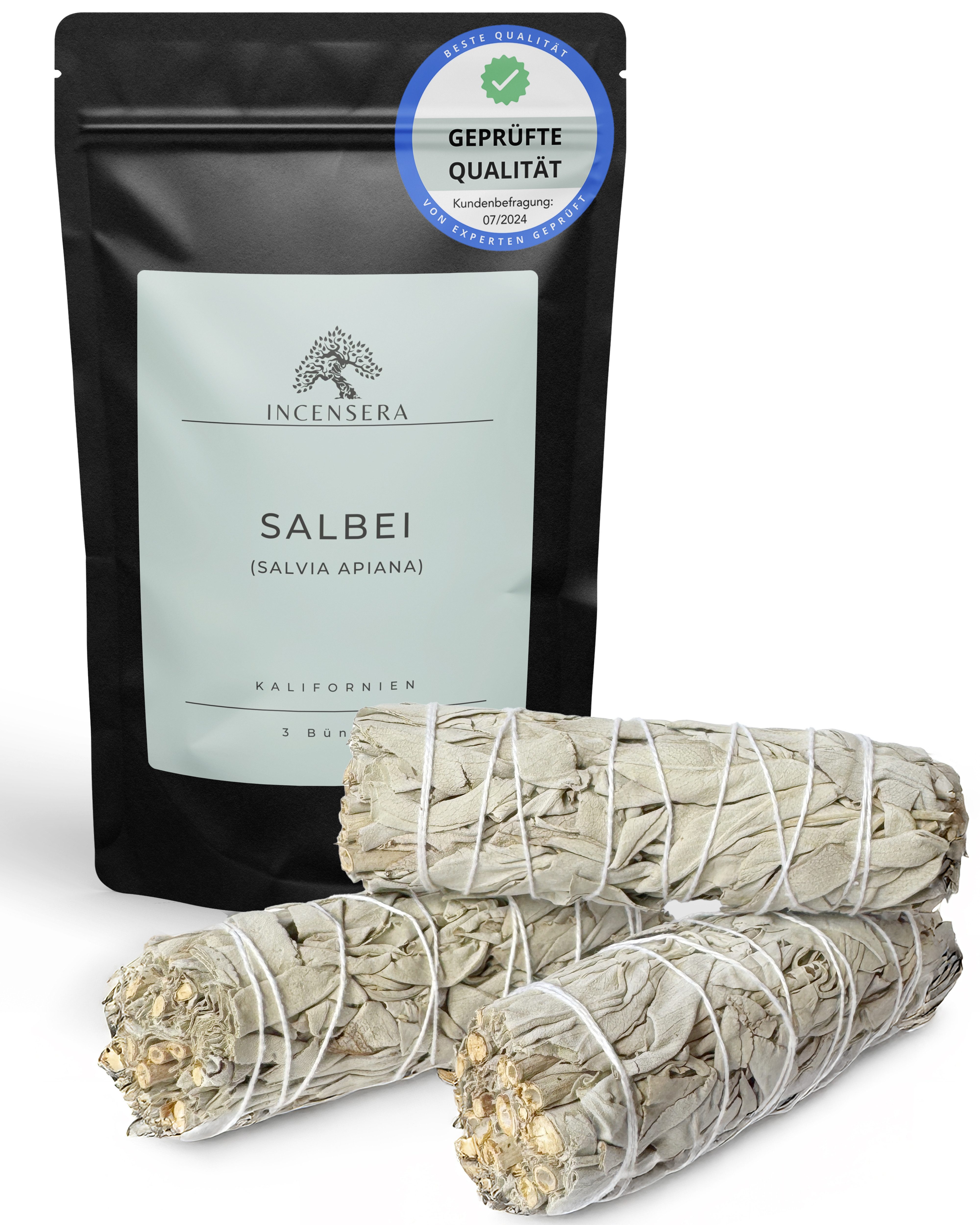 Incensera Räucherstäbchen-Halter Weißer Salbei zum Räuchern, Räucherbündel Smudge Stick White Sage, (3 St), naturbelassen, sortenrein, handgebunden, ohne Zusätze