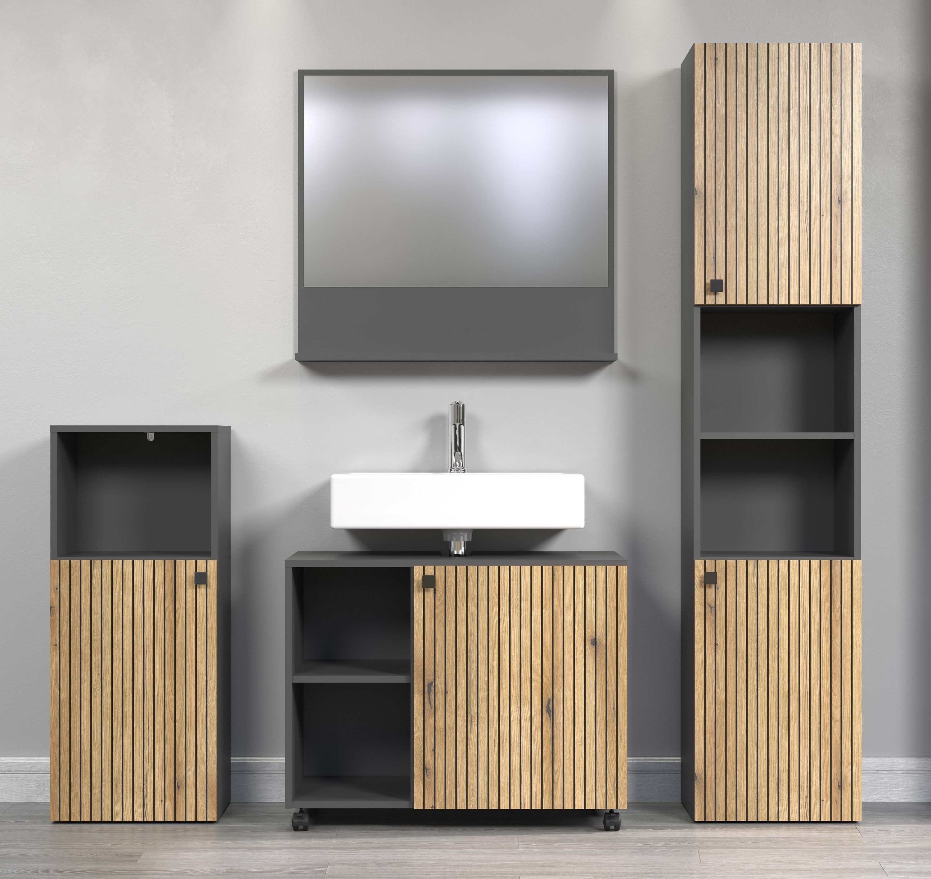 trendteam Badmöbel-Set, (4-St., Hochschrank Waschbeckenunterschrank Spiegel Standtype), Hochschrank Unterschrank Spiegel Kommode 180x186x42cm