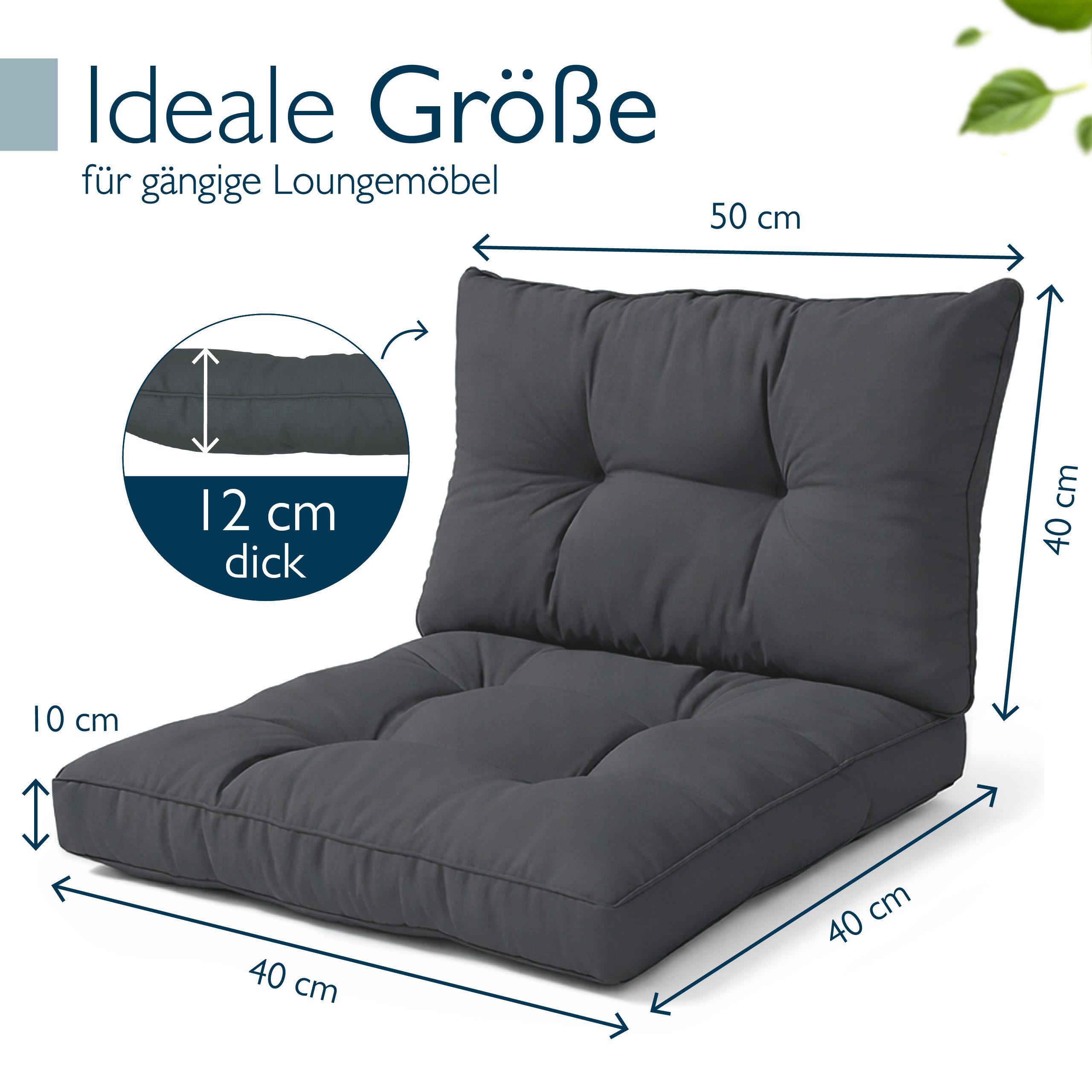 Beautissu Sitzkissen Lounge Kissen Set Outdoor Graphitgrau XLuna, 40x40cm, 50x40cm, Sitzkissen Gartenstuhl 10 cm dick Sitzpolster Auflagen für Gartenmöbel