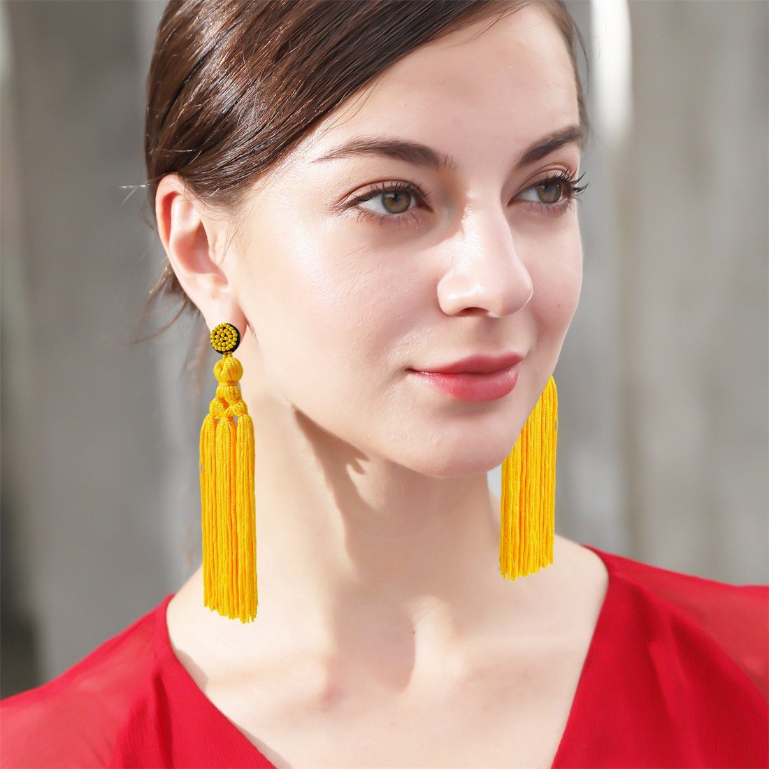 DÖRÖY Paar Ohrhänger Damen Vintage gewebt Quaste Ohrringe, Mode lange Ohrringe Schmuck Gelb