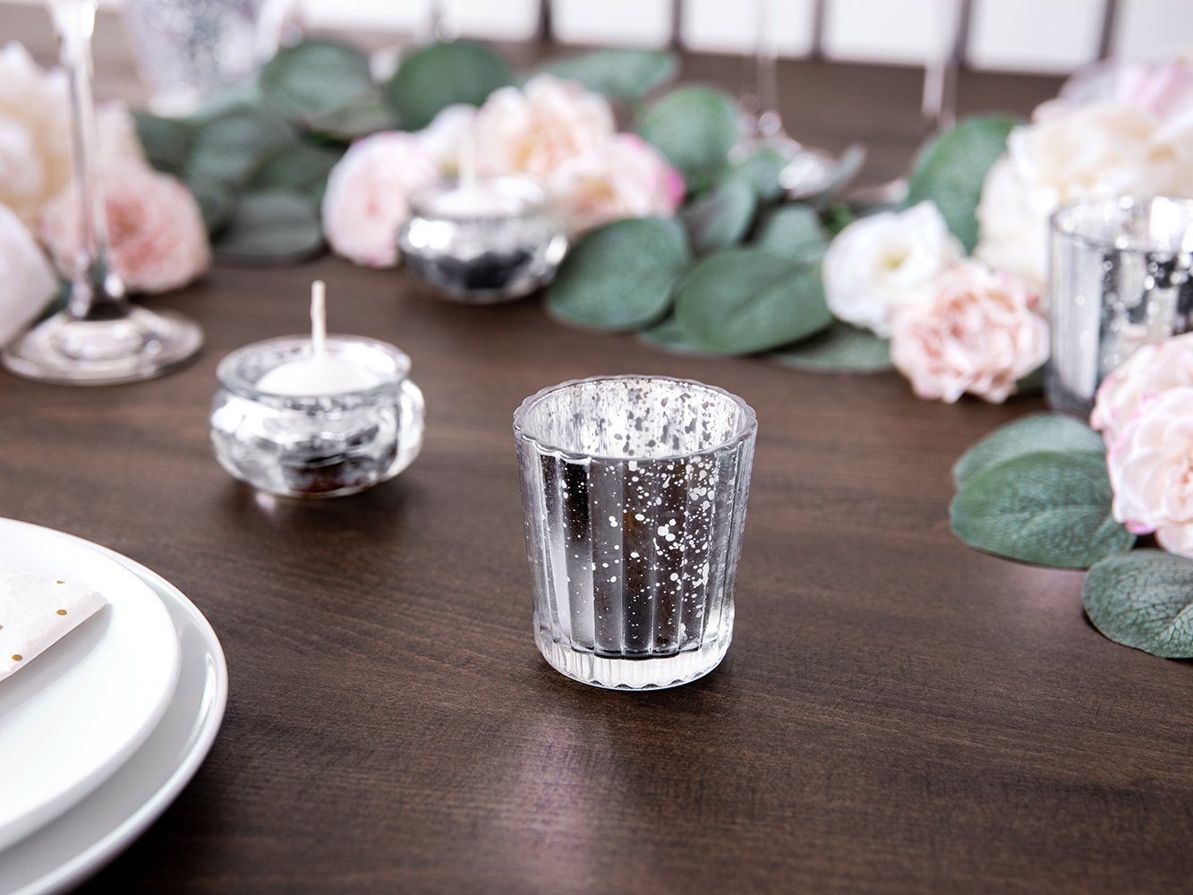 Teelichthalter 4er Glas Set 5,5x6cm silber Kerzenhalter, partydeco