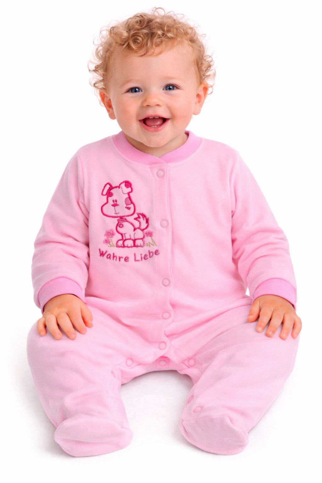 Strampler Einteiler aus Velours Baby Overall in Rosa mit Hund für Neugeborene