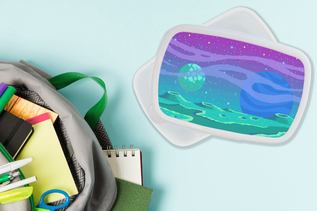 Jungs Brotdose, Erwachsene, weiß Mond, - (2-tlg), Brotbox und für Pixel MuchoWow Mädchen Spiele Art Kinder Lunchbox und - für Kunststoff,