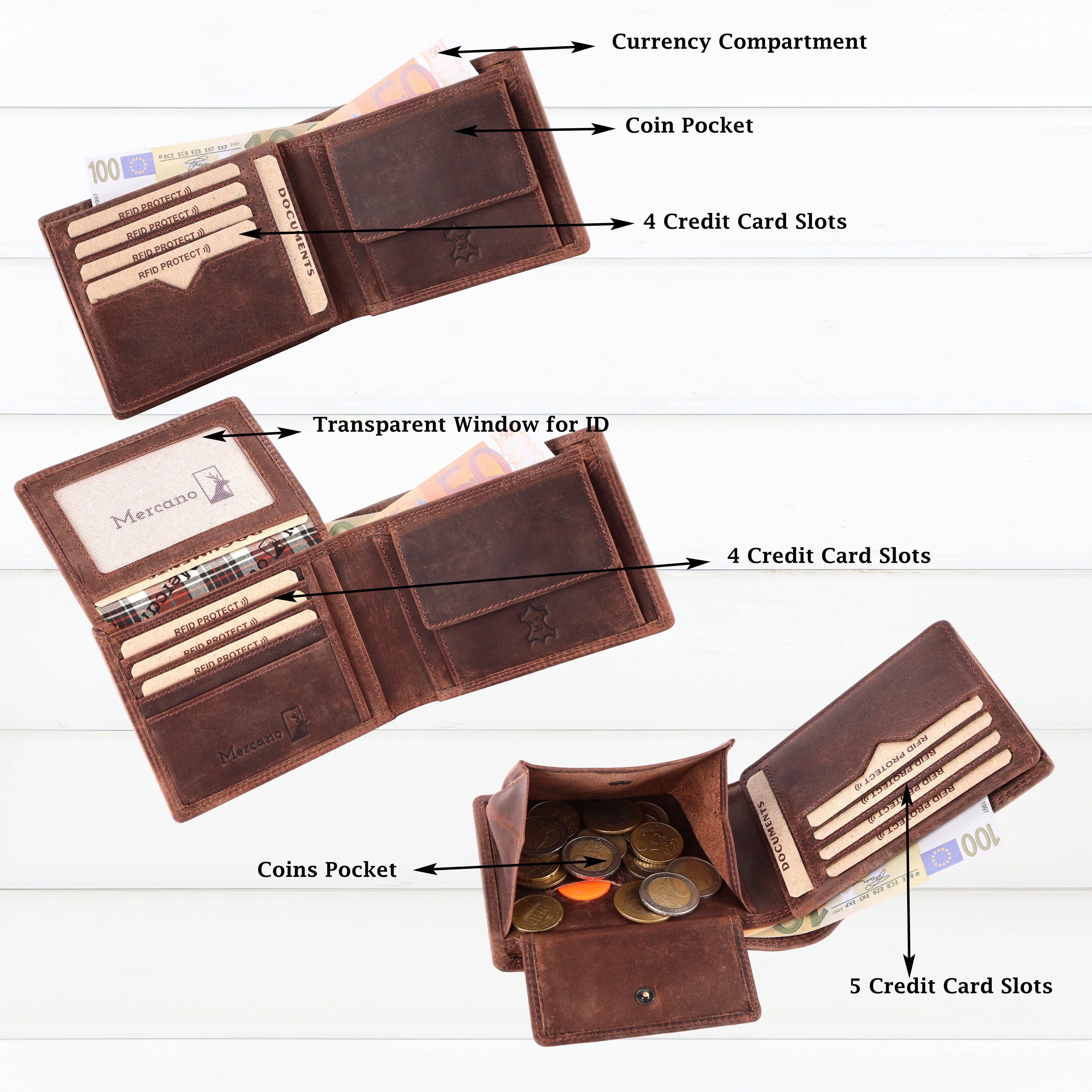 für Mercano Vintage & mit Leder 100% braune Geschenkbox Doppelnaht, inkl. Herren, Geldbörse aus RFID-Schutz