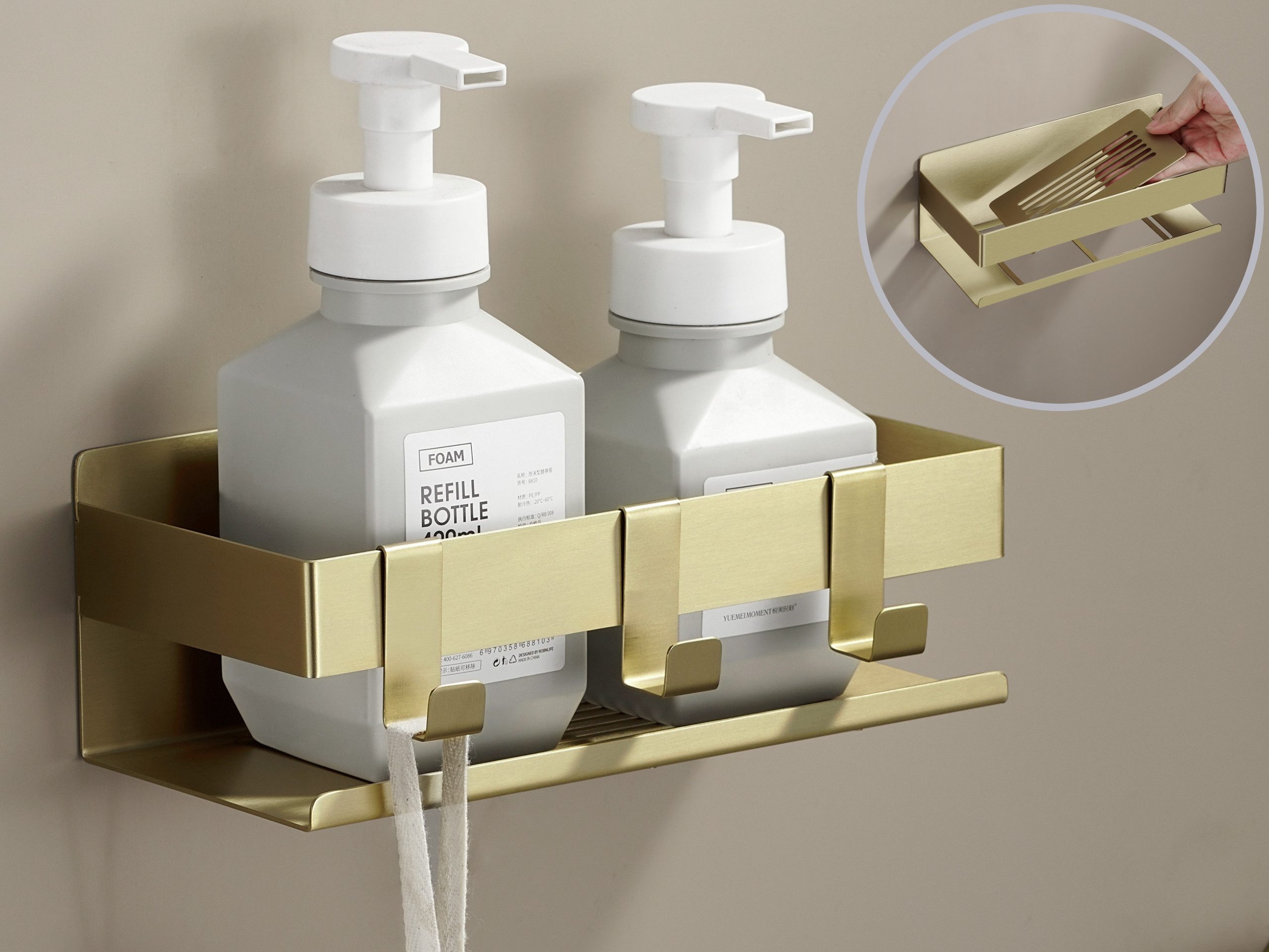 DEKAZIA Duschablage ohne Bohren, Selbstklebender Duschkorb, Duschregal Edelstahl, selbstklebend, 5 Farben erhätlich, inkl. Klebeset & 3 Haken, Badezimmerregal, Bad Regal,Aufbewahrung Bad, Duschzubehör