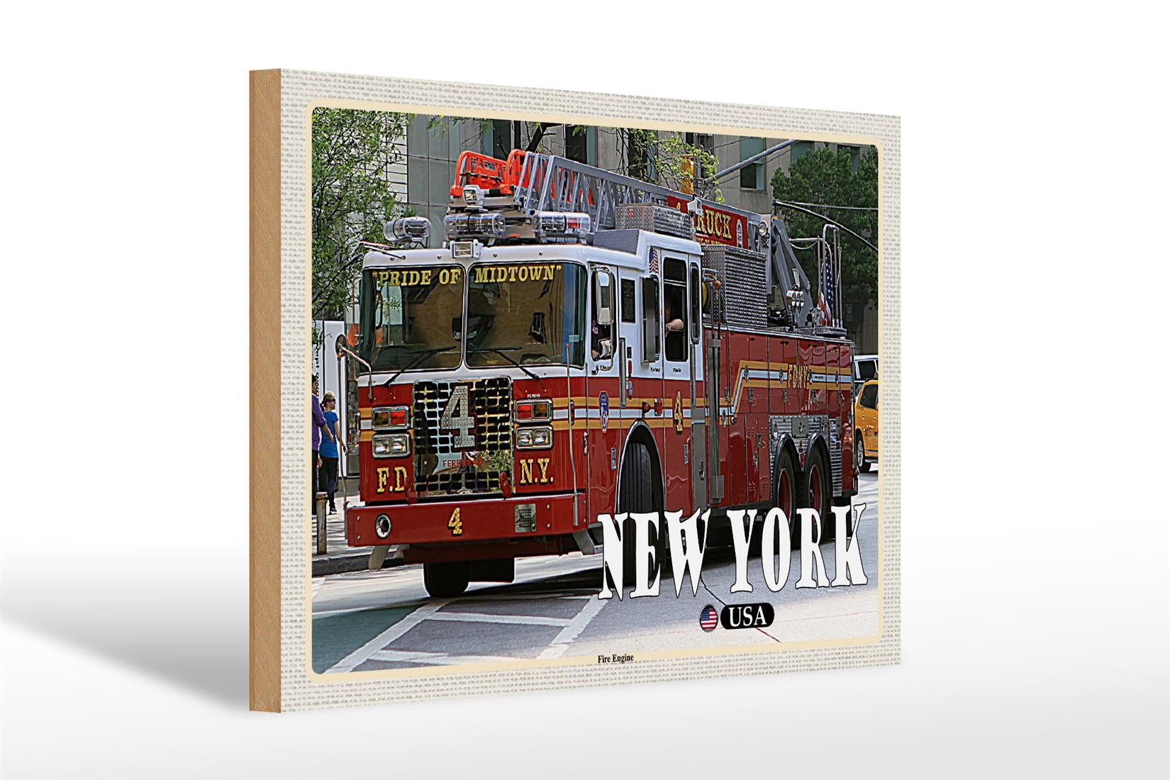 Femer GmbH Holzbild Reise 30x20cm New York USA Fire Engine Feuerwehrauto, (1 St), Glatte Holzfaserplatte (MDF), vorn beschichtet
