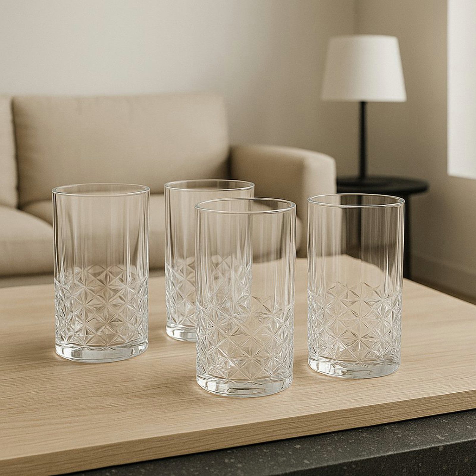 Koopman Glas Wasserglas 360ml Transparent 4 er Set, 4-tlg., Glas, Schliffmuster, Wasser, für Cocktails, 3mm Stärke, Langlebig