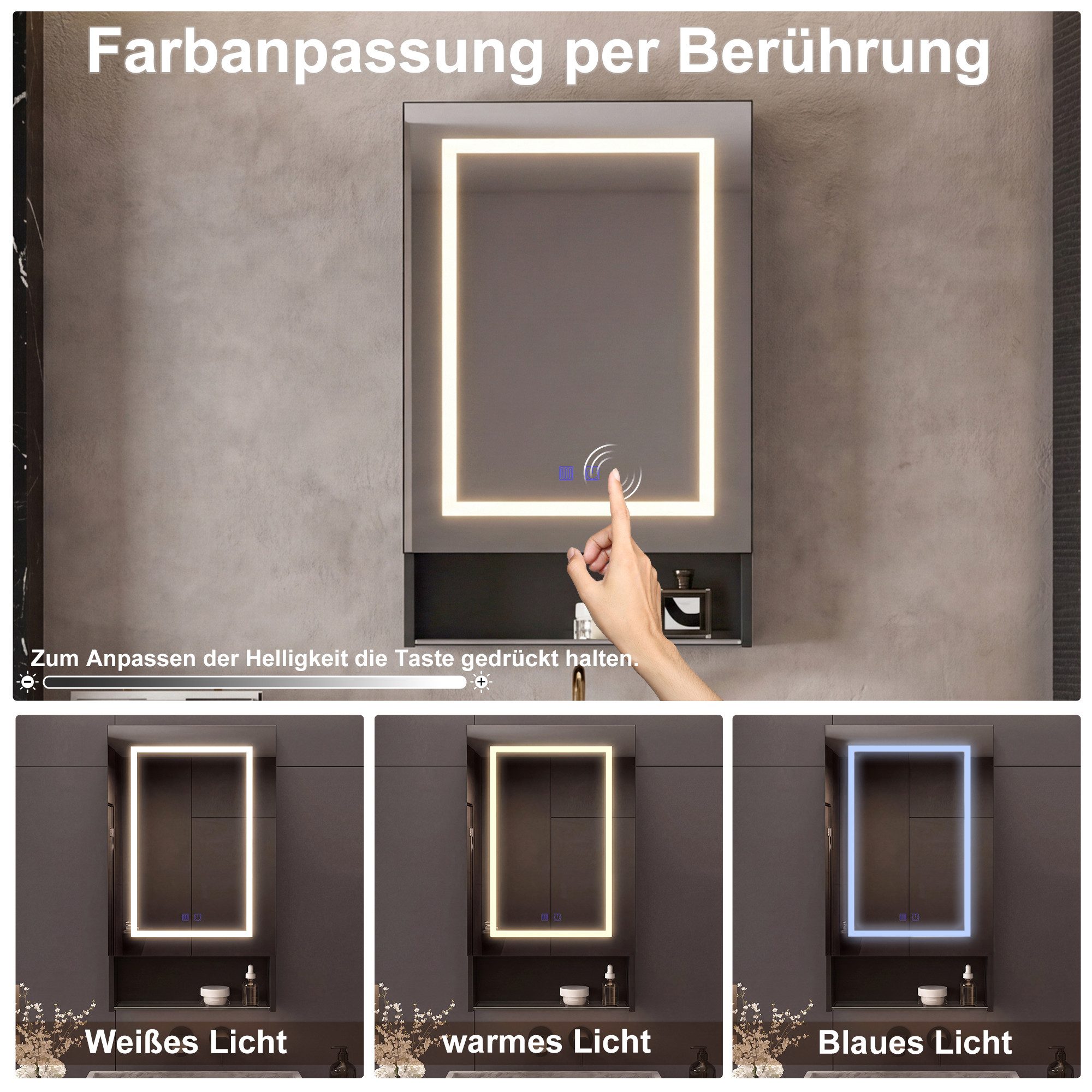 Furnishings Home Badezimmerspiegelschrank Spiegelschrank Wandschrank Hängeschrank (1-St., Drei einstellbare Lichtfarbtemperaturen) inkl. LED-Beleuchtung, Touchschalter, Beschlagfrei, Offene Staufächer