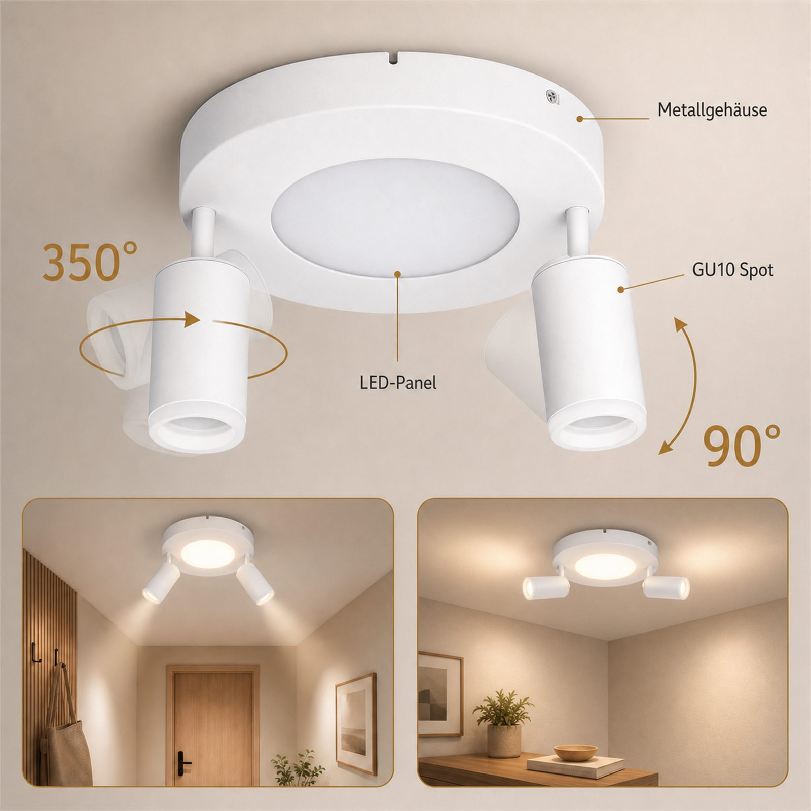 Nettlife Deckenstrahler Schwarz Schlafzimmer GU10 2/3/4 Flammig 20W 3000k Küchenlampe, Schwenkbar 350°, LED wechselbar, Metall Schwenkbar Flurlampe für Schlafzimmer Küche Büro