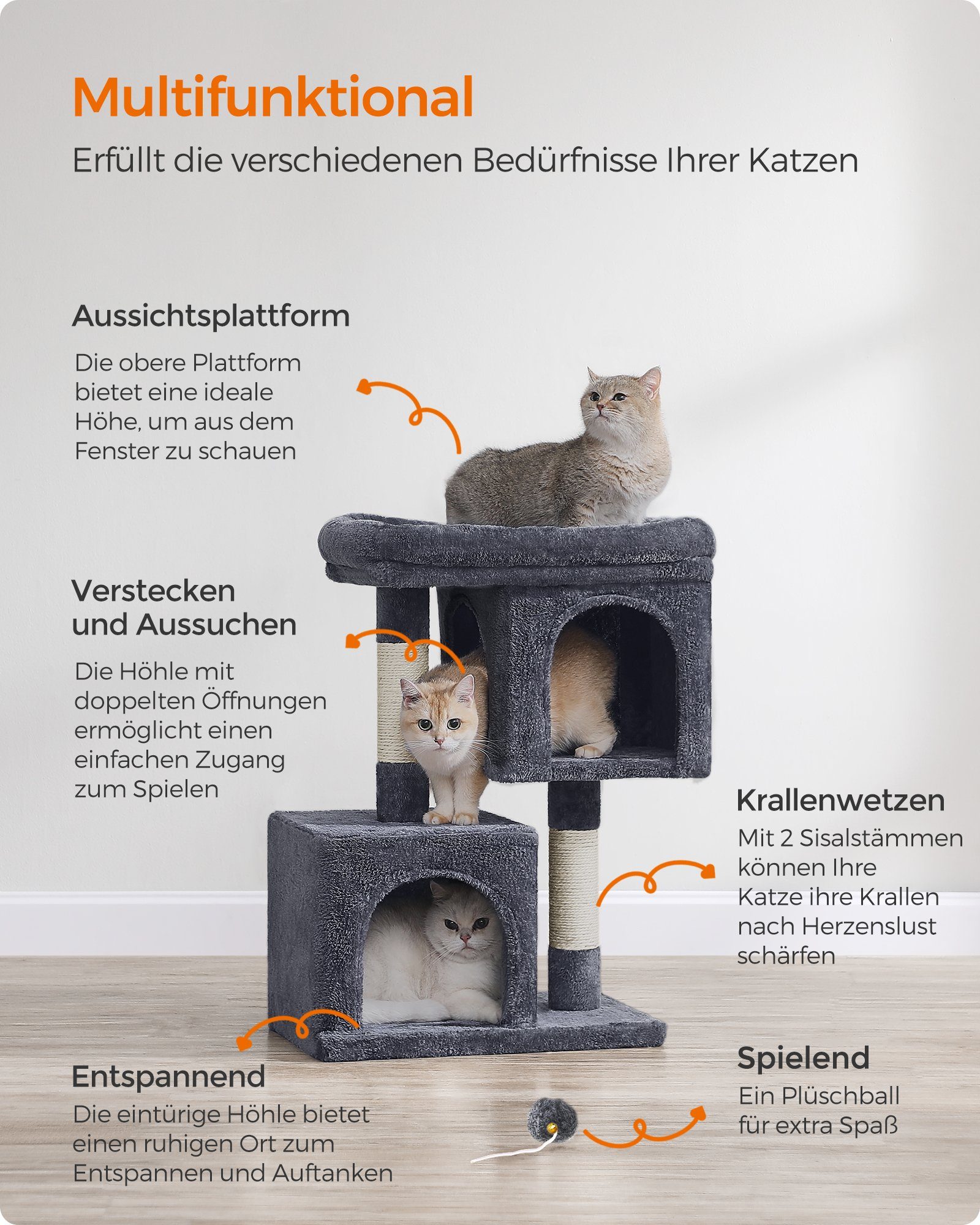 FEANDREA Kratzbaum, M-XL Katzenbaum, mit 2 Häuschen, Sisalstämme, kompakt