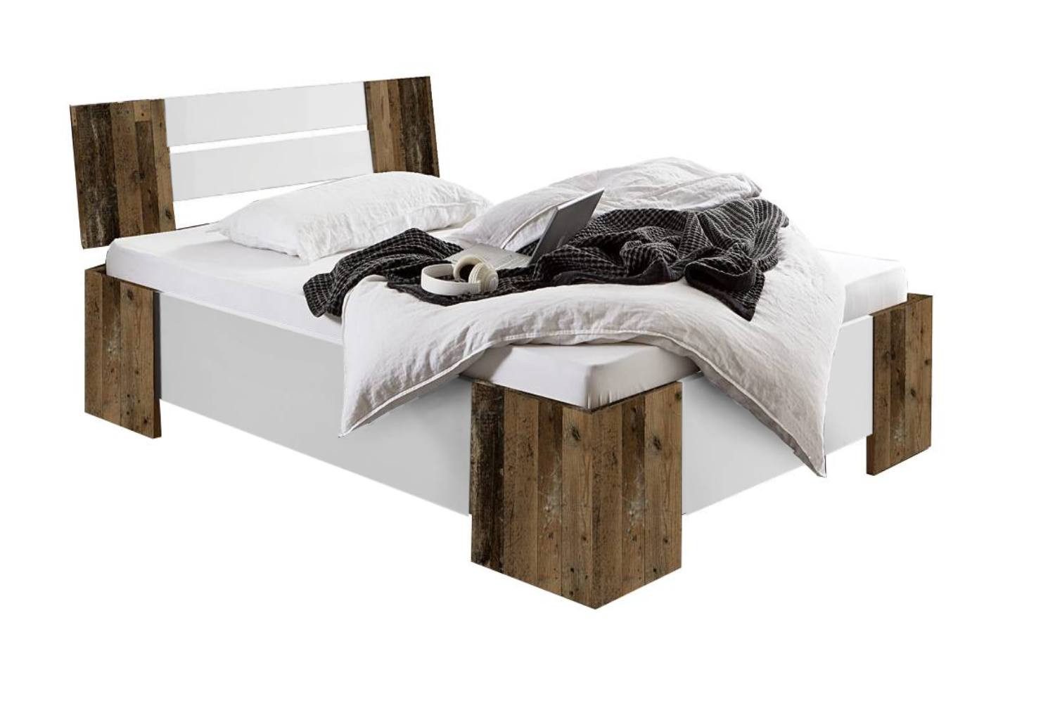 BMG Möbel Futonbett Graz 2 (Weiß Glanz / Oldstyle Oak, 140x200 cm wahlweise mit oder ohne Rollrost), ideal als Bett für Jugendzimmer oder Gästezimmer geeignet