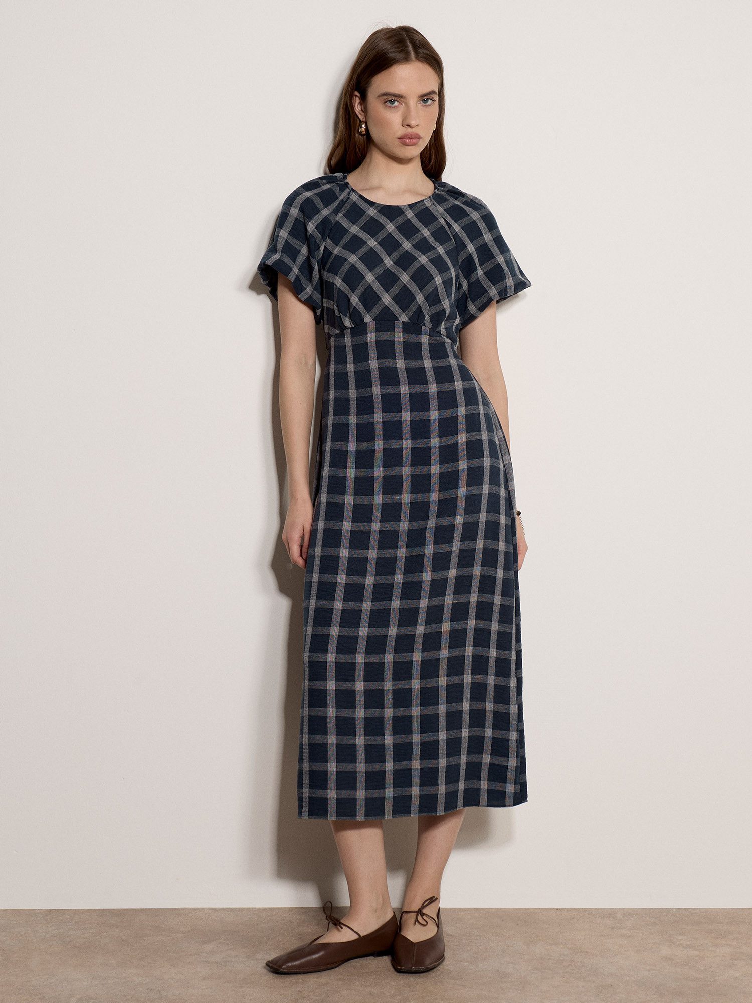 Apricot Midikleid Karomuster-Midaxi-Kleid mit Puffärmeln