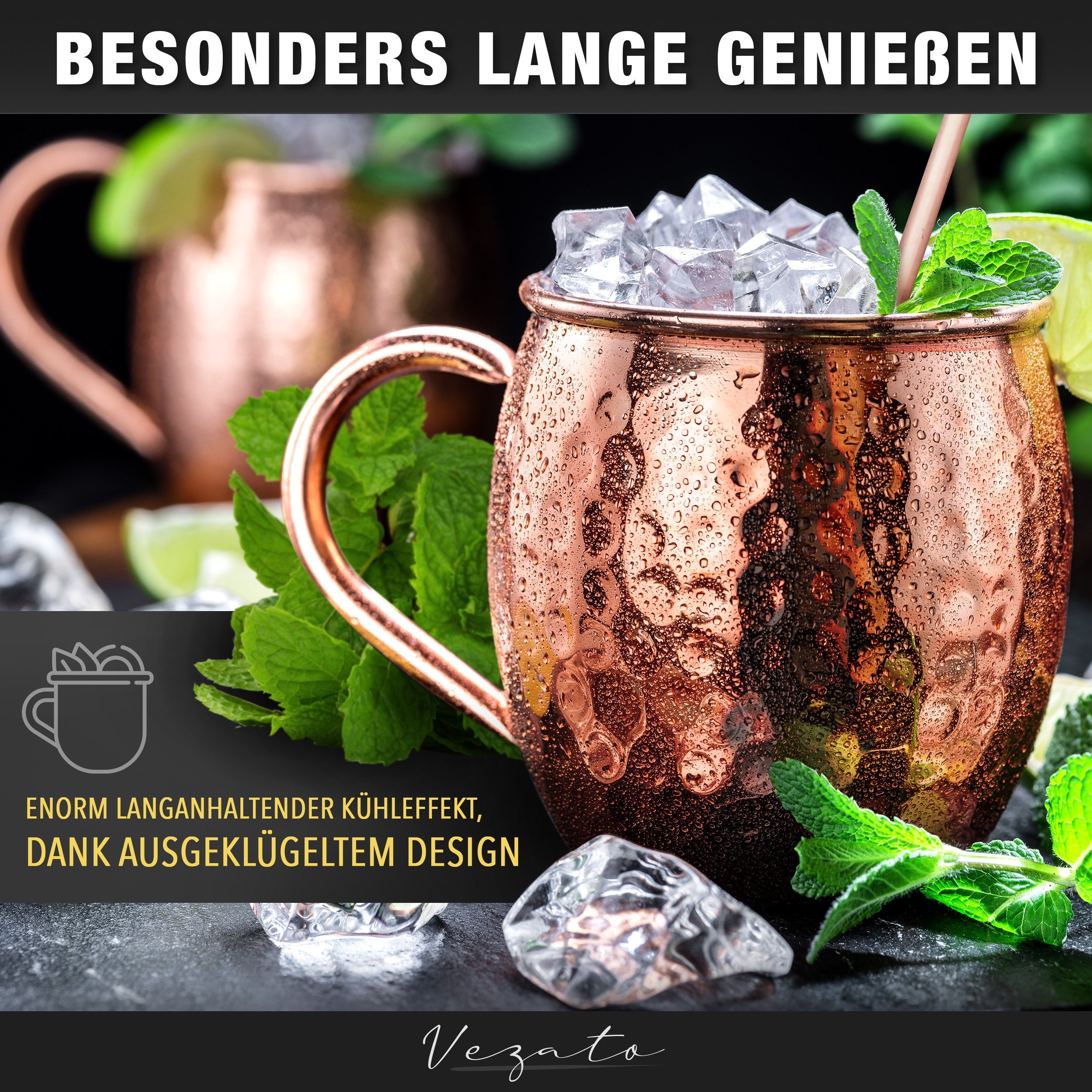Vezato Cocktailglas 4 Moscow-Mule-Becher [500ml] – 4er Set Kupferbecher gehämmert -, Mit Strohhalmen, handgefertigt, rostfrei, für Cocktails – Bild 4 von 5