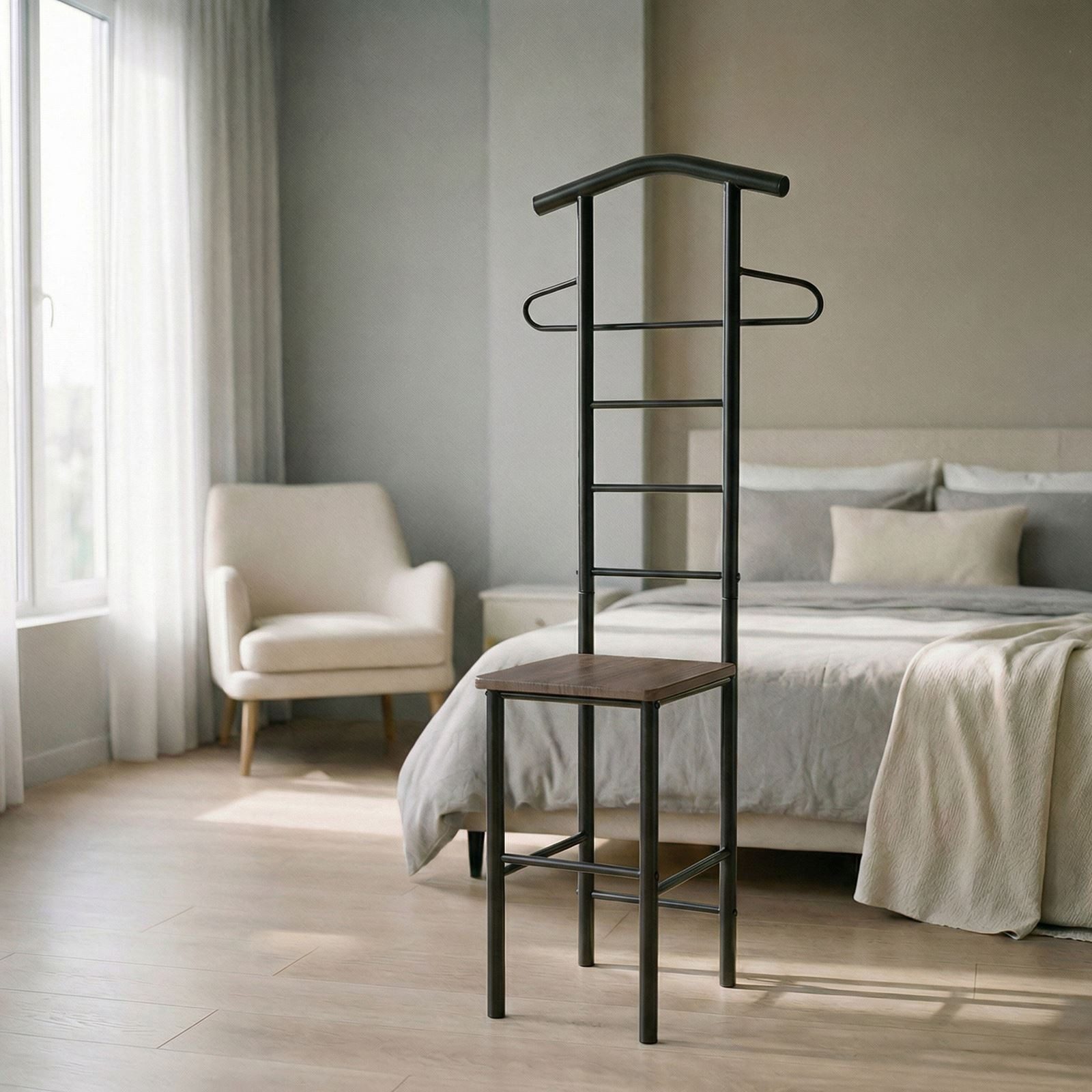 CARO-Möbel Herrendiener JIVO, Herrendienerr mit ablage aus Metall und MDF modern schwarz/braun