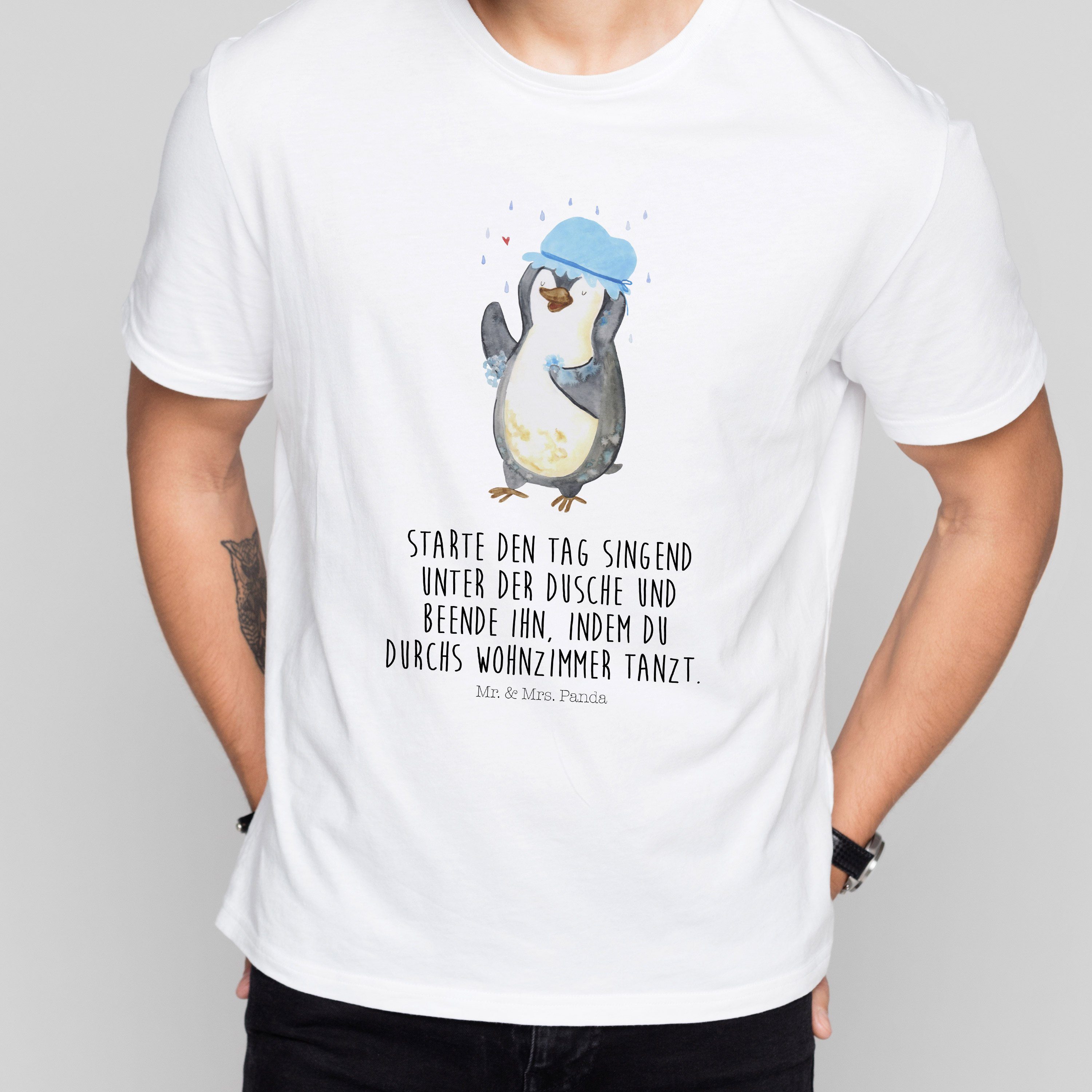 T-Shirt Pinguin duscht - Weiß - T-Shirt, Shirt (1-tlg)