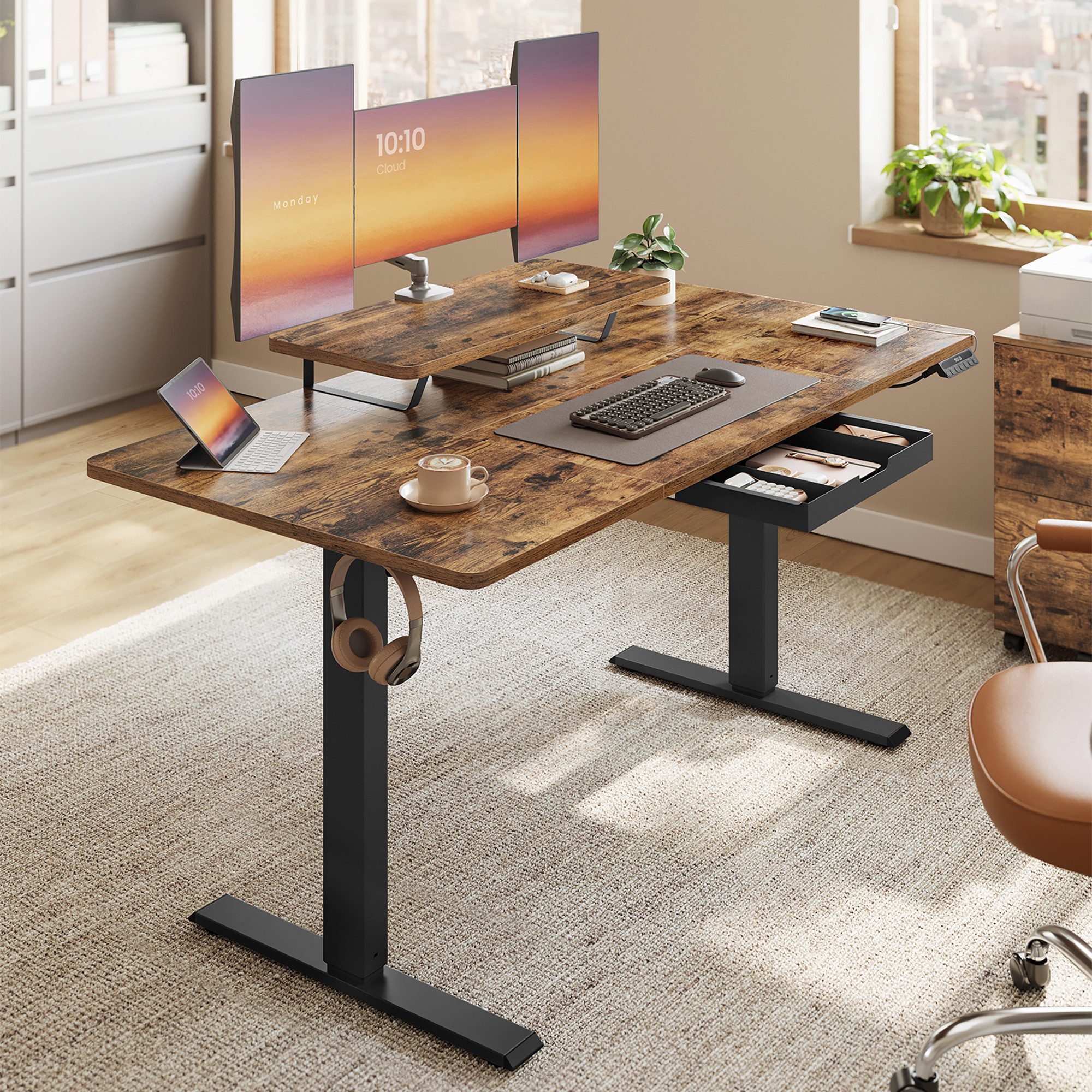 VASAGLE Schreibtisch Höhenverstellbarer, flexibel montierbarer Monitorständer, Schublade, USB-C-Anschluss, Erinnerung bei langem Sitzen