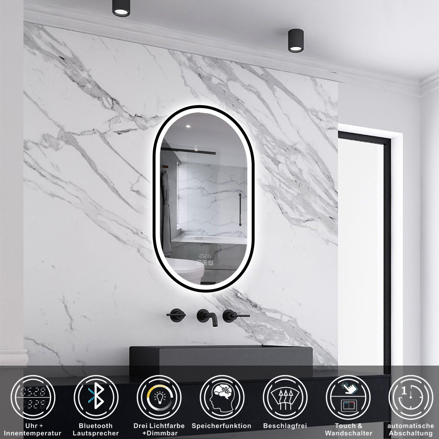 Aica Sanitär Badspiegel LED Wandspiegel mit Beschlagfrei Kalt/Neutral/Warmweiß Dimmbar, mit Bluetooth und Uhr