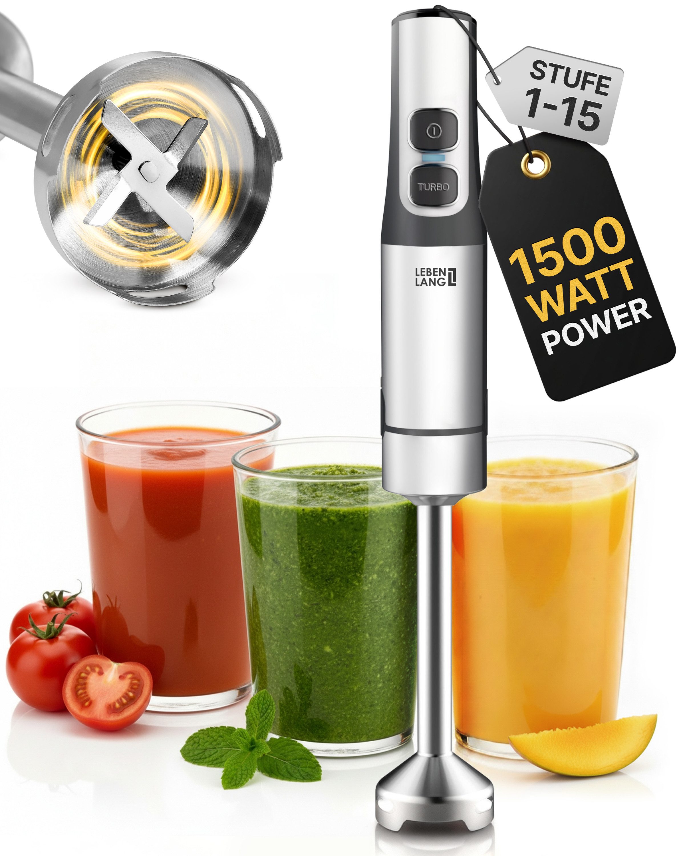 Lebenlang Stabmixer Edelstahl 1200W, Stufenlos verstellbar, Turbo-Pürierer + Messbecher, 1200 W, 4 Klingen Technologie, Extralanges Kabel, Cremige & feine Ergebnisse