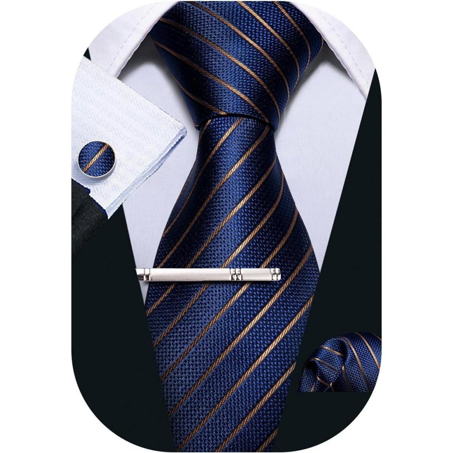 LuxusKollektion Krawatte Krawatte Herren Paisley Einstecktuch Manschettenknöpfe blau Streifen (1-St)