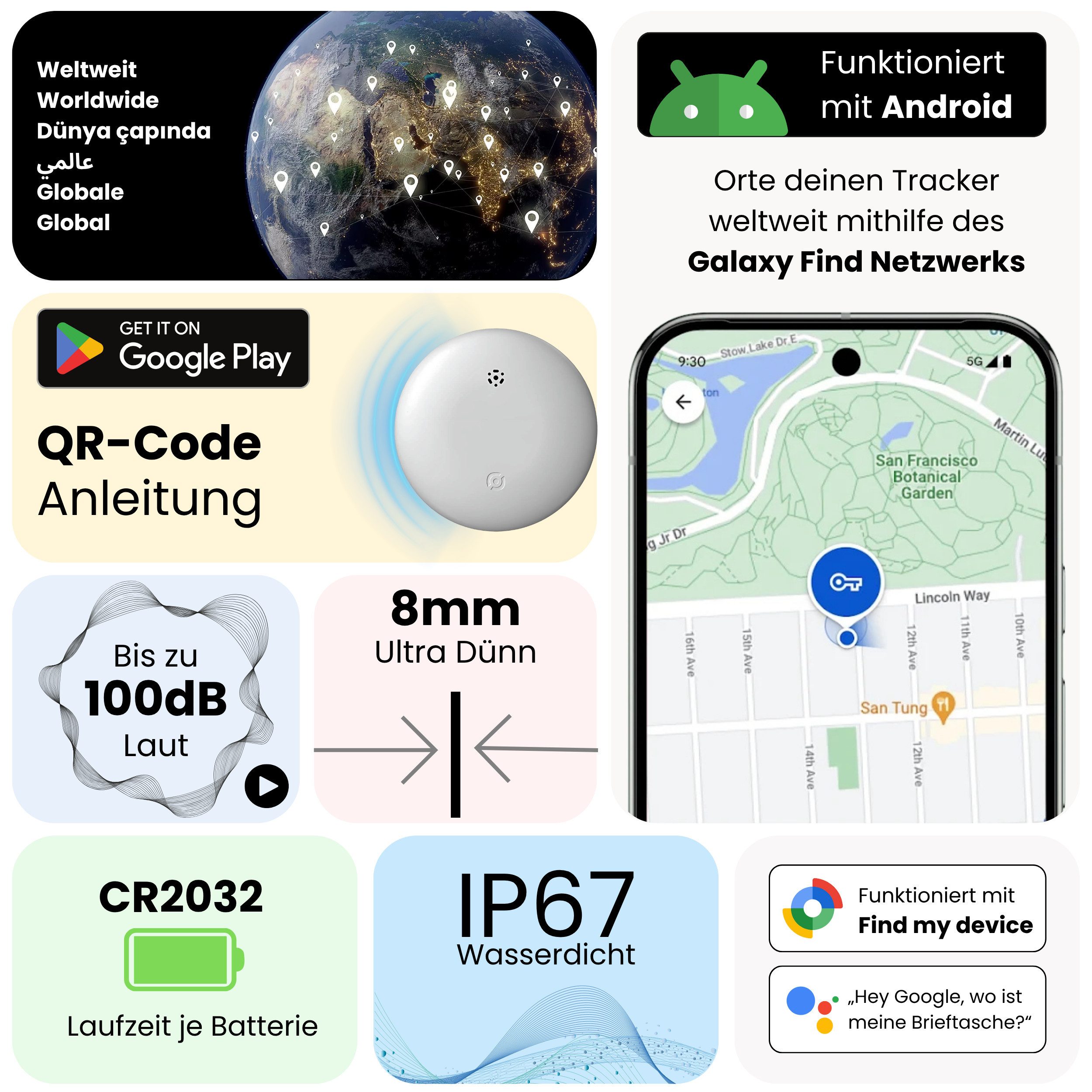 S&T Design GPS Tracker Smart Tag AirTag alternative für Android Schlüsselfinder GPS-Tracker (Weltweit Wasserdicht Bluetooth Key Finder Tasche/Koffer/Brieftasche)