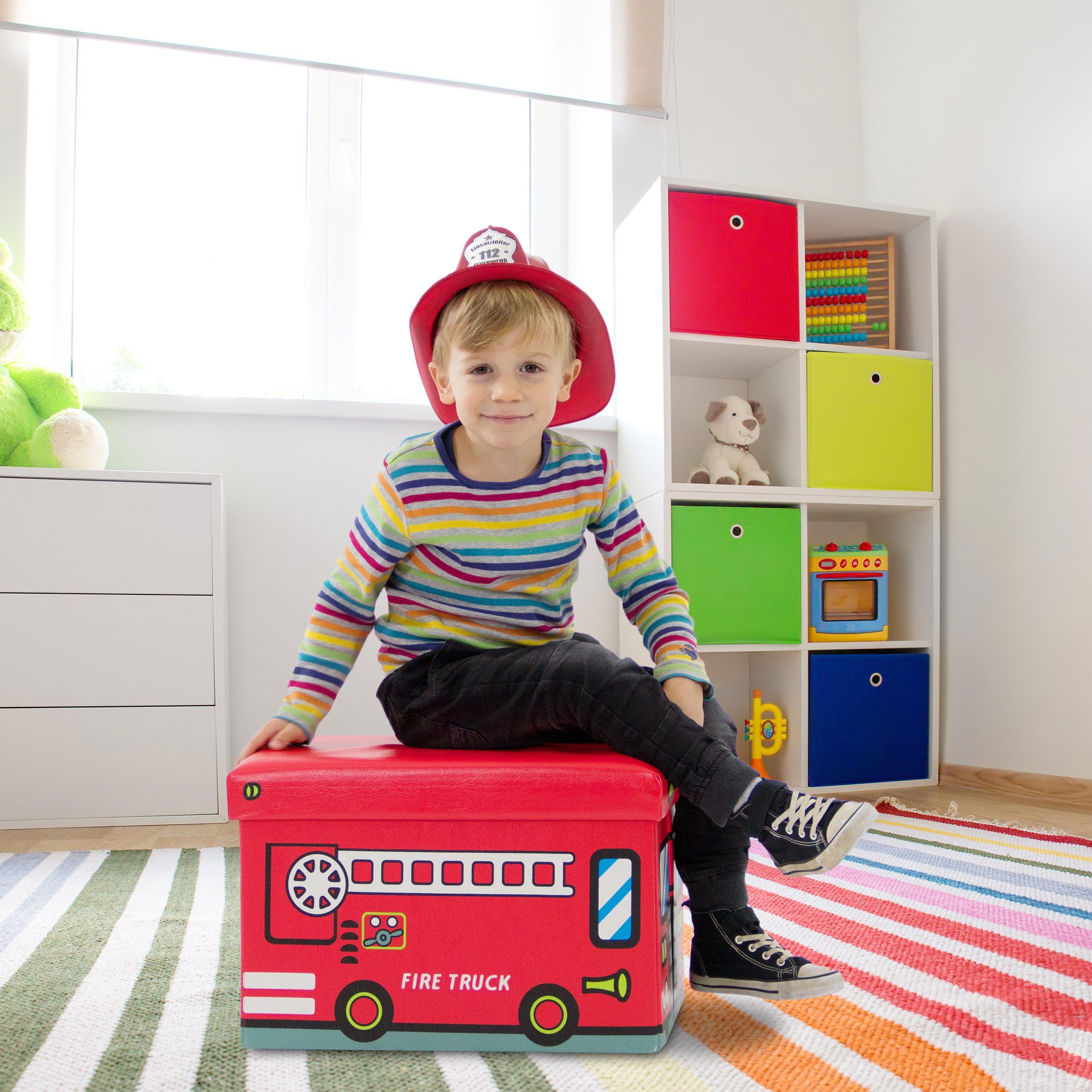 relaxdays Spielzeugtruhe Faltbare Spielzeugkiste mit Stauraum, Fire Truck