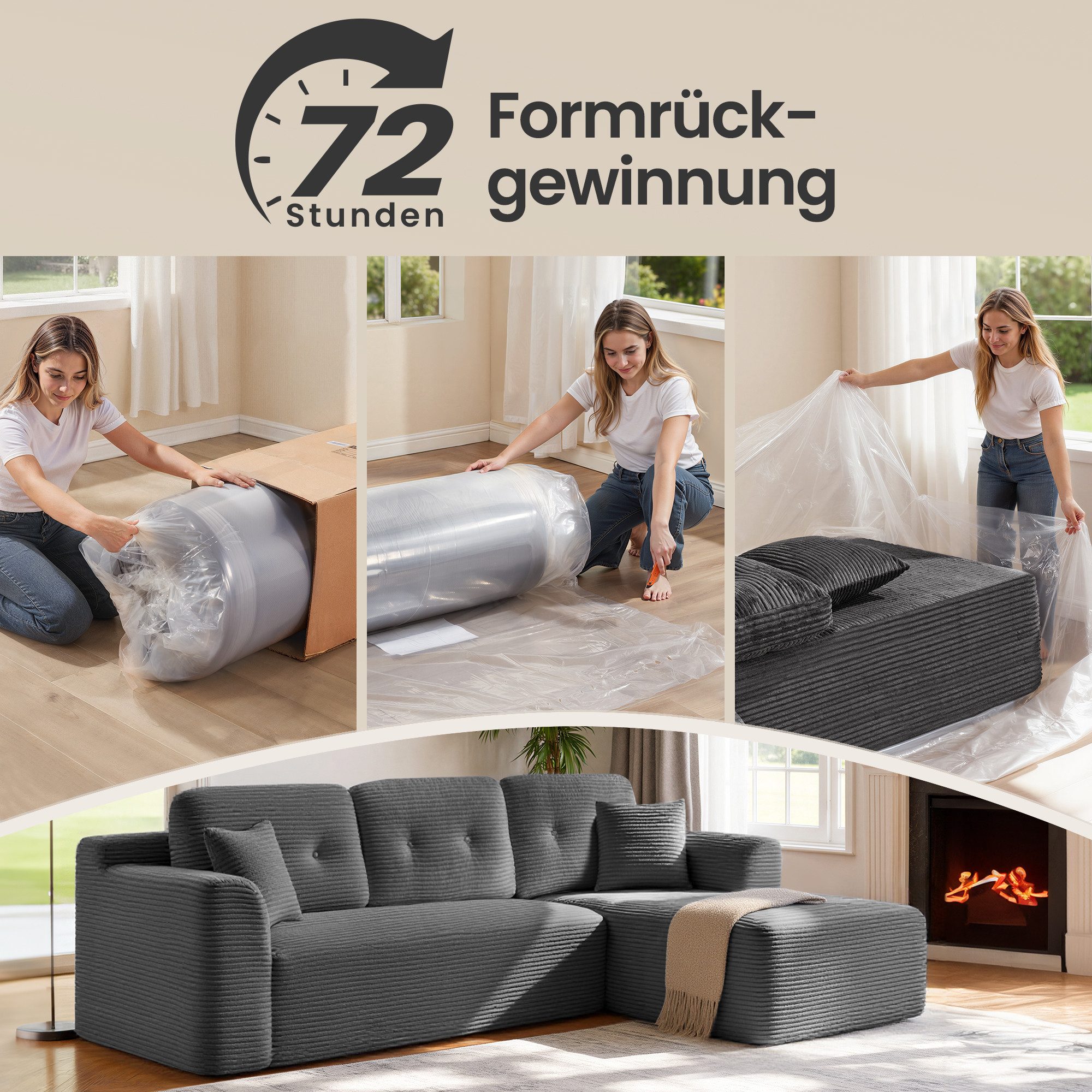 VASAGLE Ecksofa modulares Sofa 244 cm breit vakuumverpackt, Schlafsofa, keine Montage erforderlich, mit großer Chaiselongue