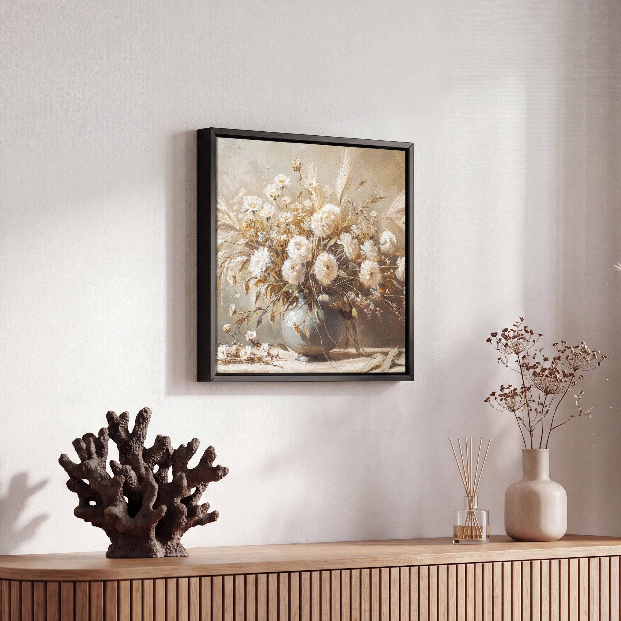 OneMillionCanvasses® Leinwandbild mit Rahmen - Blumen - Vase - Stilleben - Beige, Fotodruck (1 St), Leinwand Bilder Klein, Wand Dekoration Aesthetic 20x20cm – Bild 5 von 5