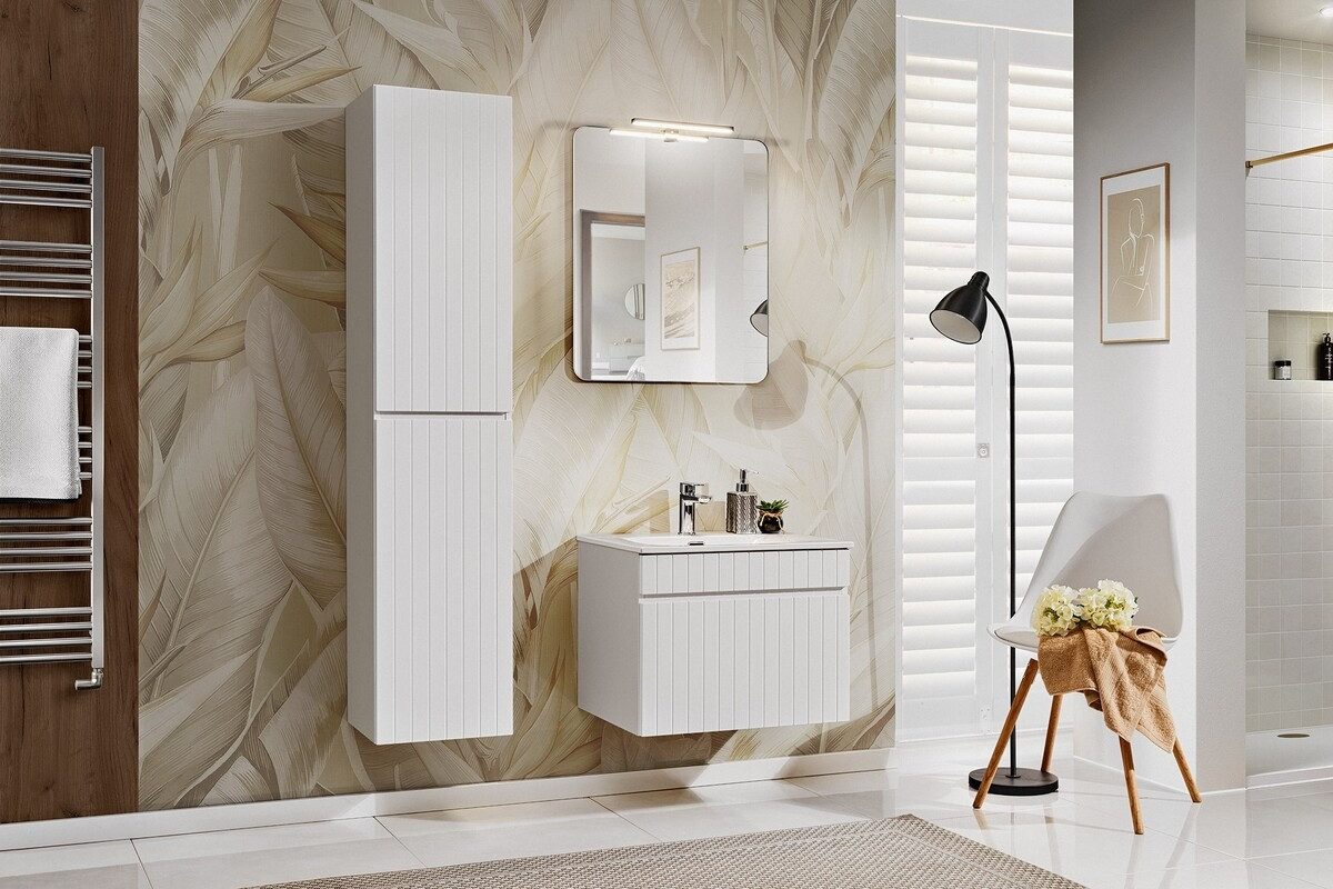 ROYAL24_MARKT Badmöbel-Set - Iconic White I BM70 - mit Aufsatzbecken, Hochschrank & Spiegel, (Komplett Set, 5-St., Premium - Iconic White I), Premium – Schick – Makellos.