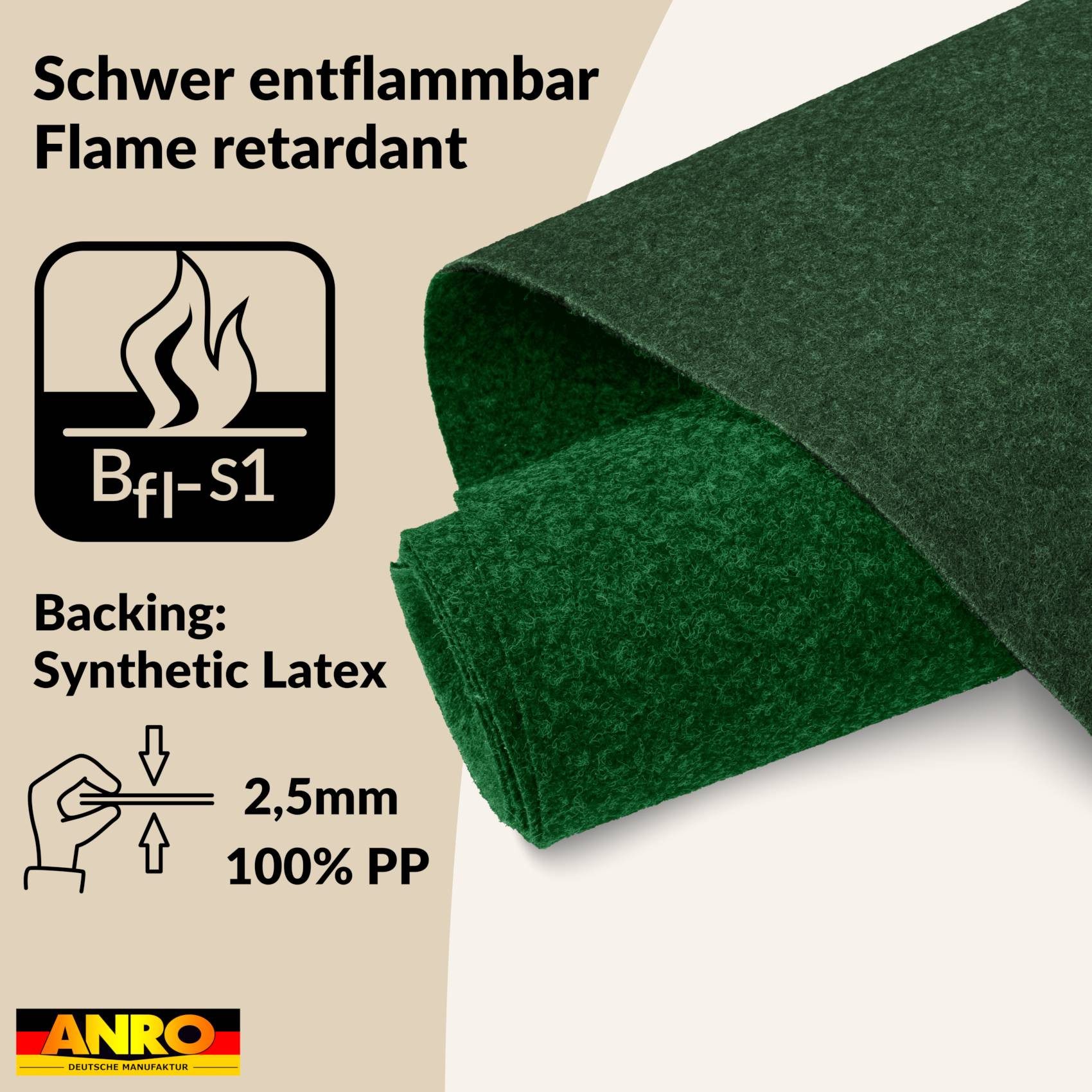 ANRO Teppich AXEL Eventteppich BFl-S1 Uni Messeteppich Läufer, Rechteckig, Höhe: 3 mm, schwer entflammbar Läufer 100x60cm Einfarbig Grün