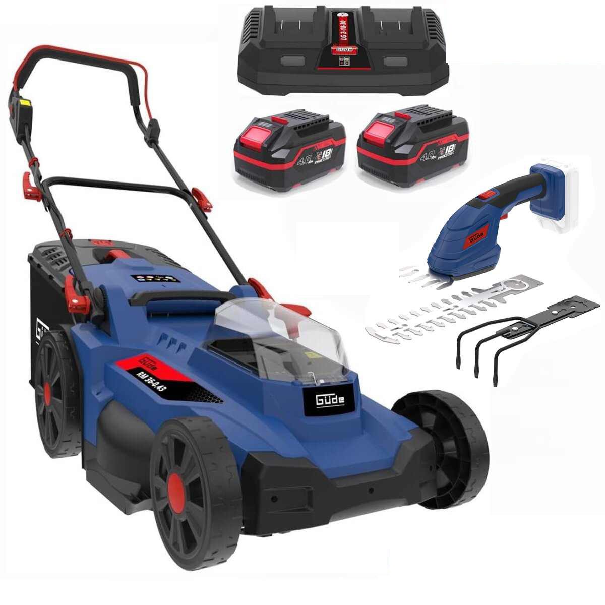 Güde Akkurasenmäher Akku Газонокосилки RM 36/43 mit 2 x Akku 4.0 Ah, Gras + Strauchschere