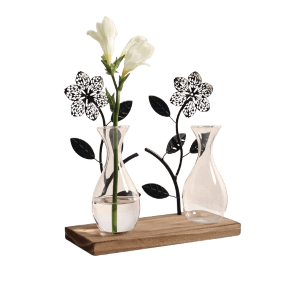 Home-trends24.de Dekovase Deko Board Vase Blumenvase Metall Holzboard Glas Holz