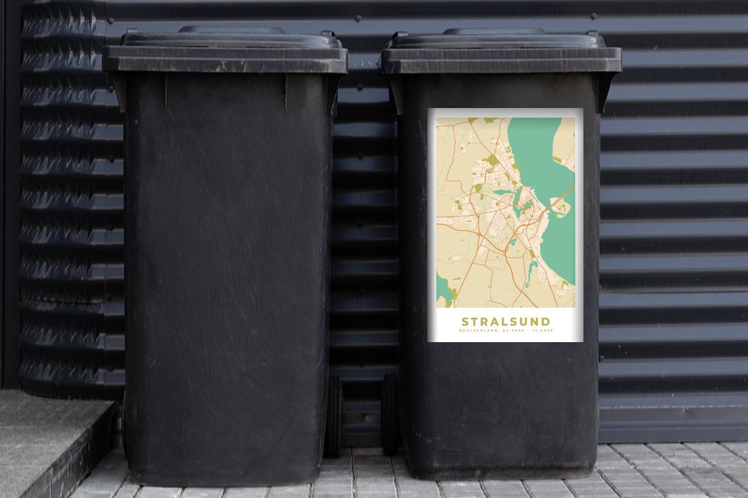 (1 Karte Sticker, MuchoWow Vintage Stralsund - Container, Mülleimer-aufkleber, Mülltonne, - Karte - St), Abfalbehälter Wandsticker