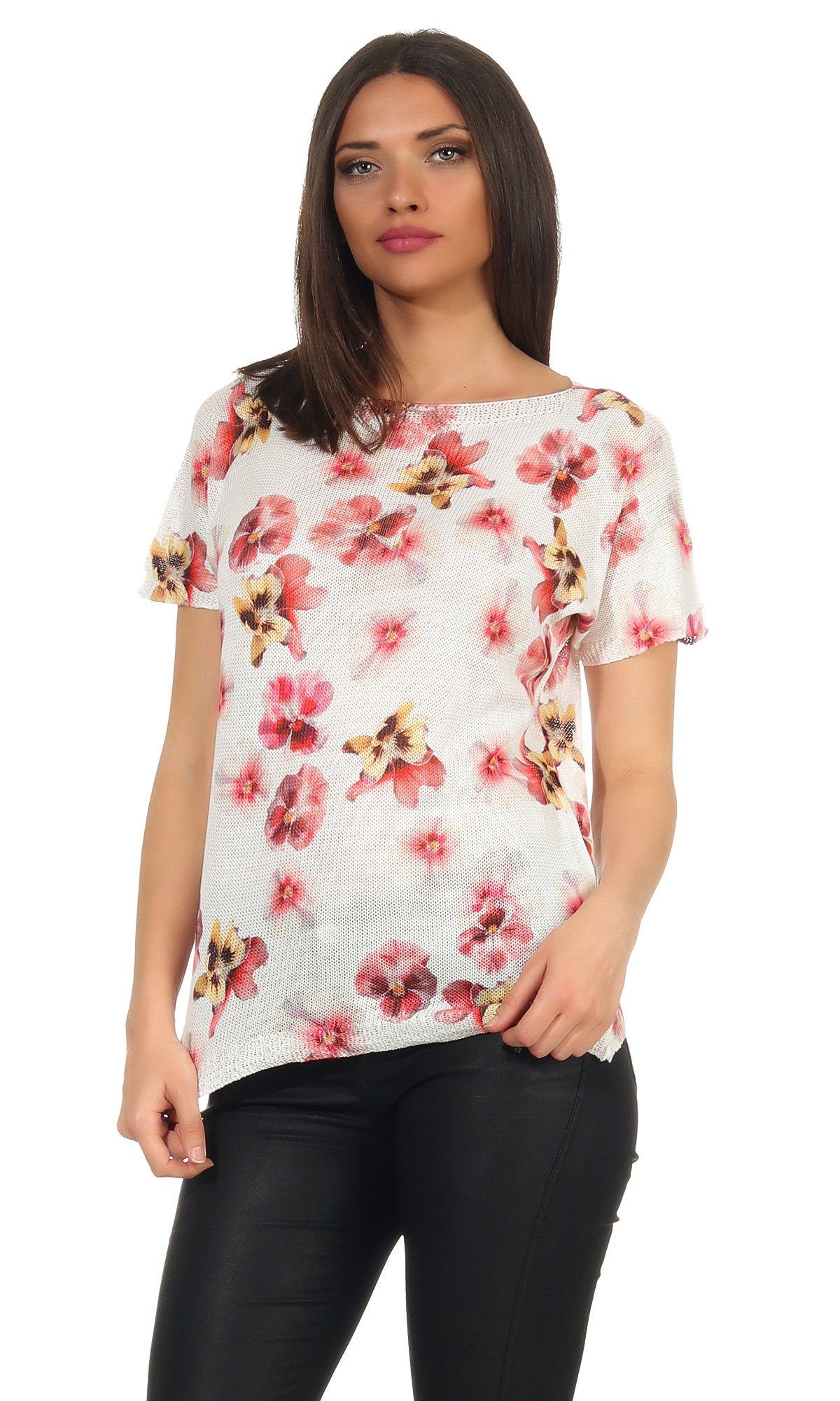 Mississhop Print-Shirt Damen weißes Shirt mit Blumen Tshirt Bluse 320