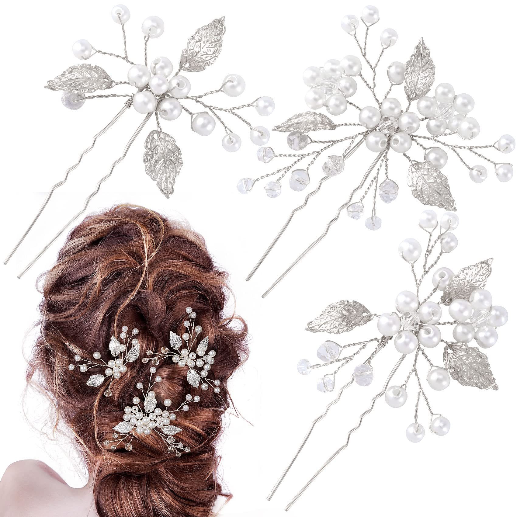 MOPUEA Haarspange Perlenbraut Hochzeit Haarnadeln,Blatt Kopfstück Blume,3 Stück,Silber