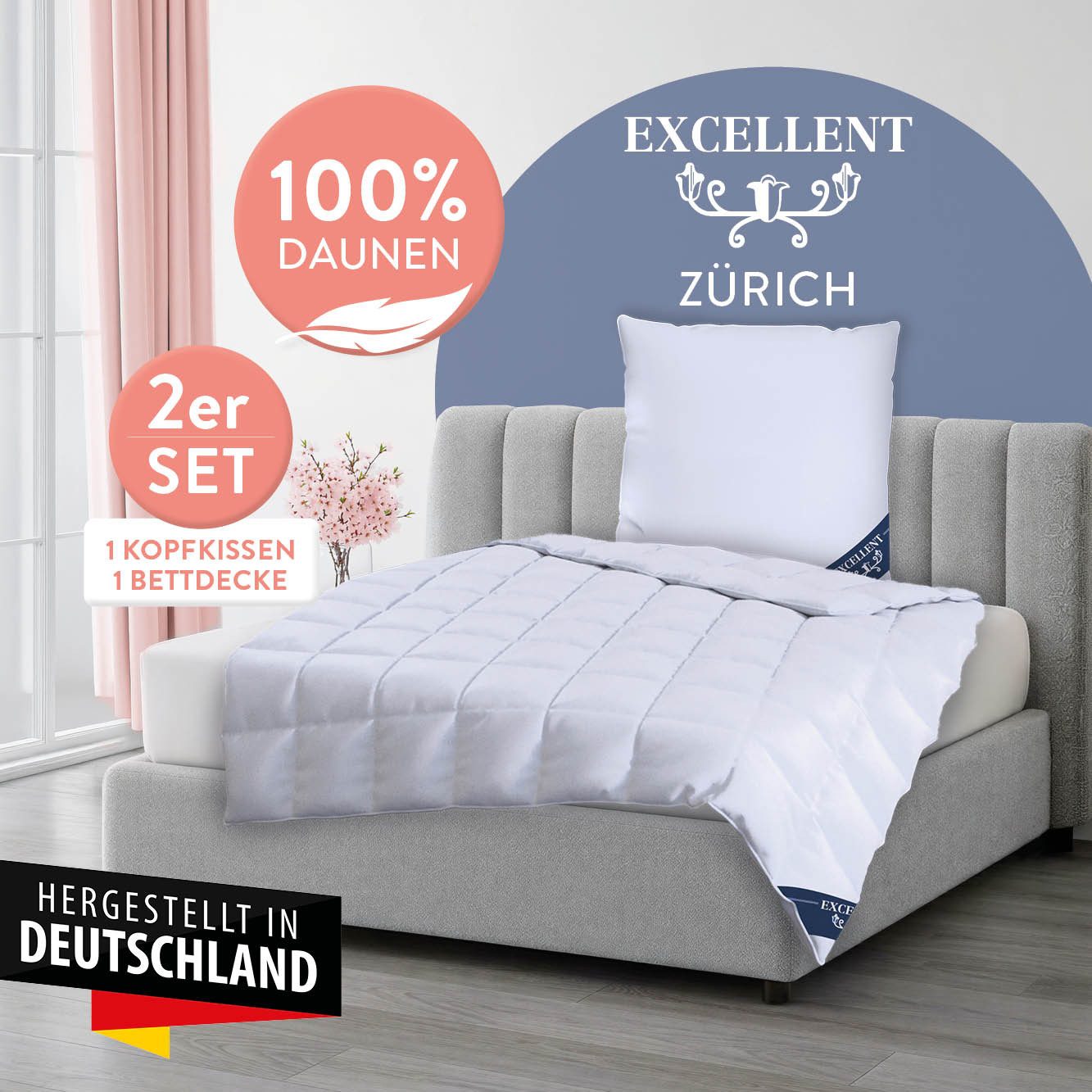 Excellent Daunenbettdecke + 3-Kammer-Kopfkissen Bettdecken-Set Zürich, Bettdecke 135x200 & 155x220 cm, Füllung: Bettdecke 100 % Daunen, Bezug: Einschütte (Bettd – Bild 2 von 5