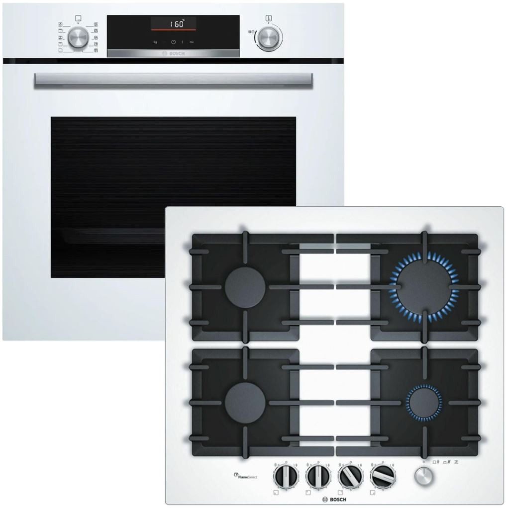 BOSCH Backofen-Set Herdset weiß Backofen Air Fry + Gaskochfeld Glas Versenkknebel 60cm