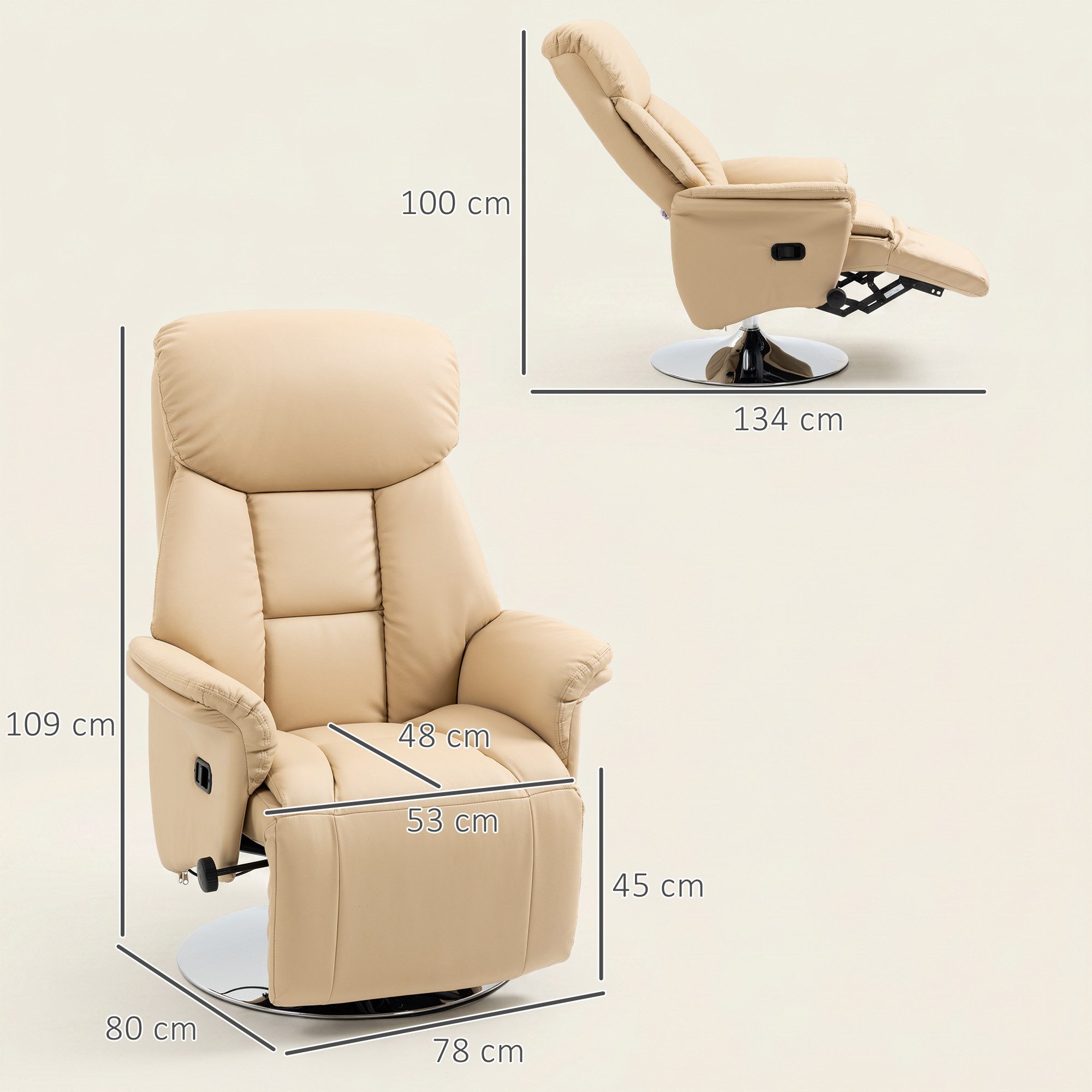 HOMCOM Relaxsessel Fernsehsessel mit Liegefunktion, drehbar, gepolstert, Ruhesessel (Fernsehsessel, 1-St., Liegesessel), für Wohnzimer, Beige – Bild 3 von 5