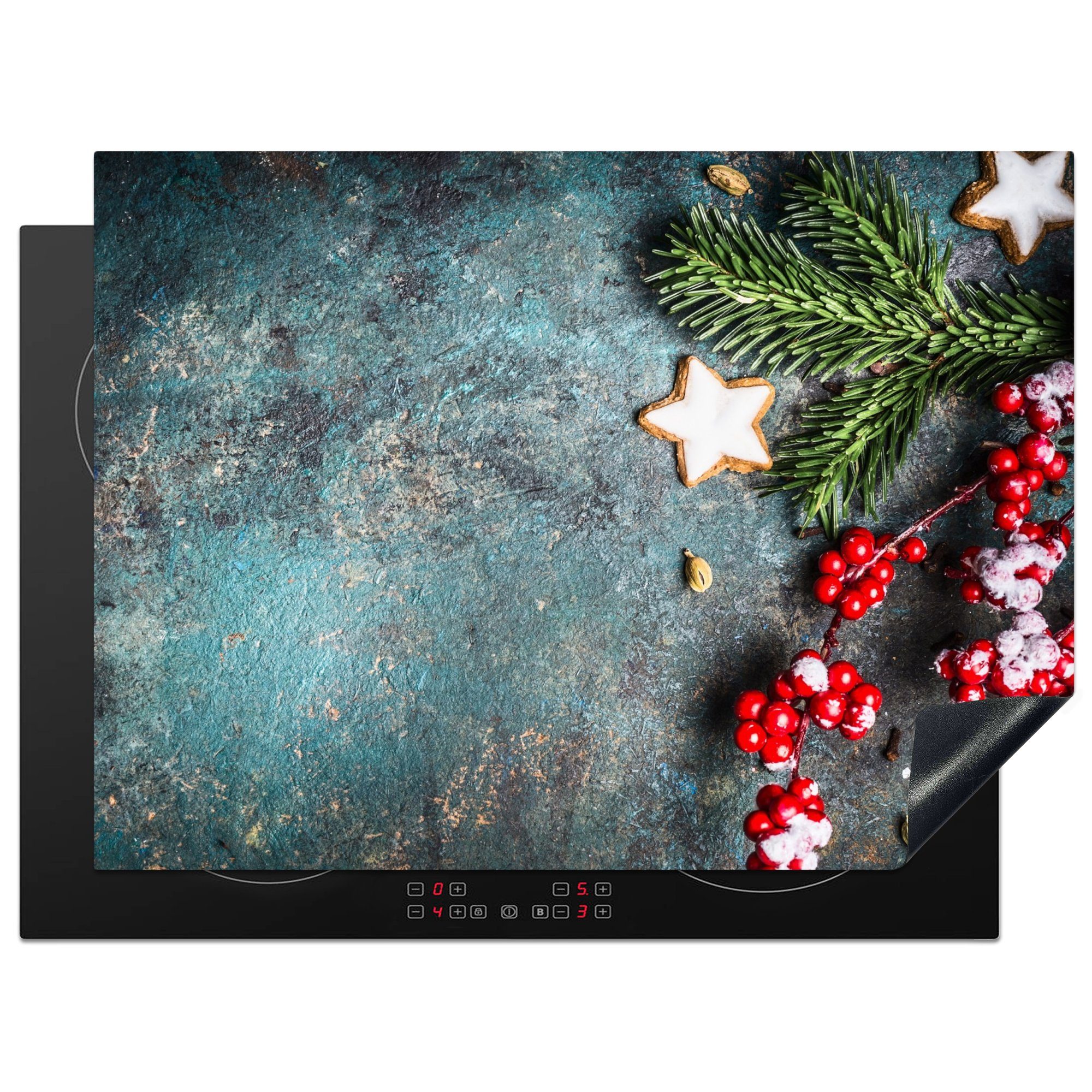 MuchoWow Herdblende-/Abdeckplatte Weihnachten - Rustikal - Zweige - Sternanis - Beeren - Rot, Vinyl, (1 tlg), 70x52 cm, Mobile Arbeitsfläche nutzbar, Ceranfeldabdeckung