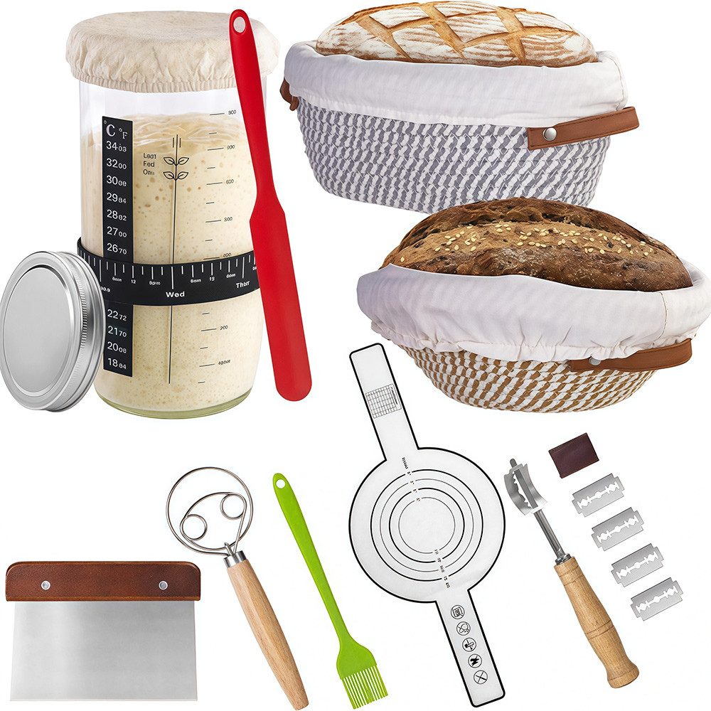 PFCTART Gärkorb 21-teiliges Gärkörbe Set 10” & 12” rund & oval, Sauerteig Brotbackset, (Set 21-tlg), Baumwollseil, atmungsaktiv, mit Starterglas & umfangreichem Zubehör