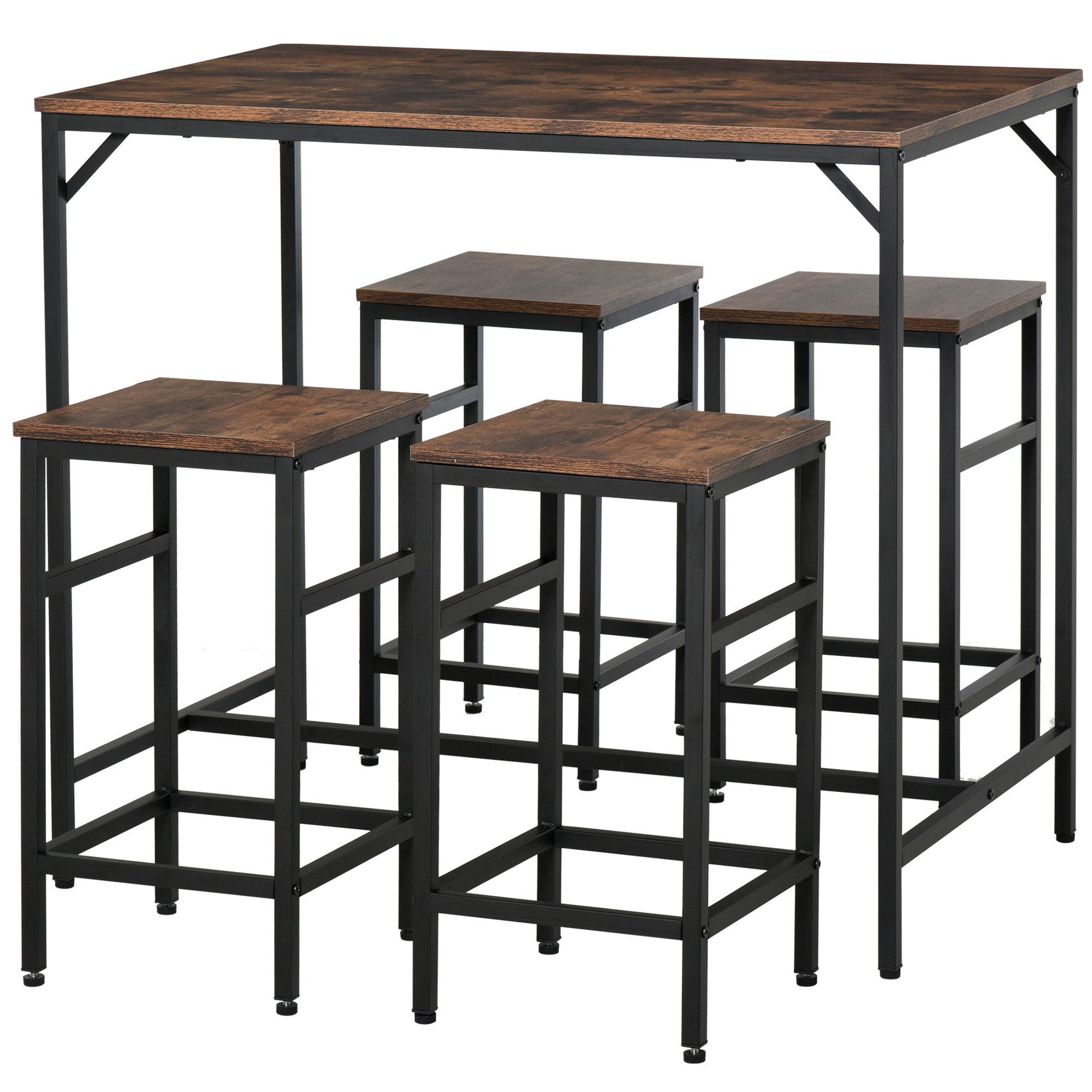 MC Star Bargruppe Bartisch-Set Stehtisch mit 4 Barhockern, 5-teiliges Tischset für Küche, (Spanplatte/Stahl, Rustikales Braun/Schwarz, 100x60x88cm)