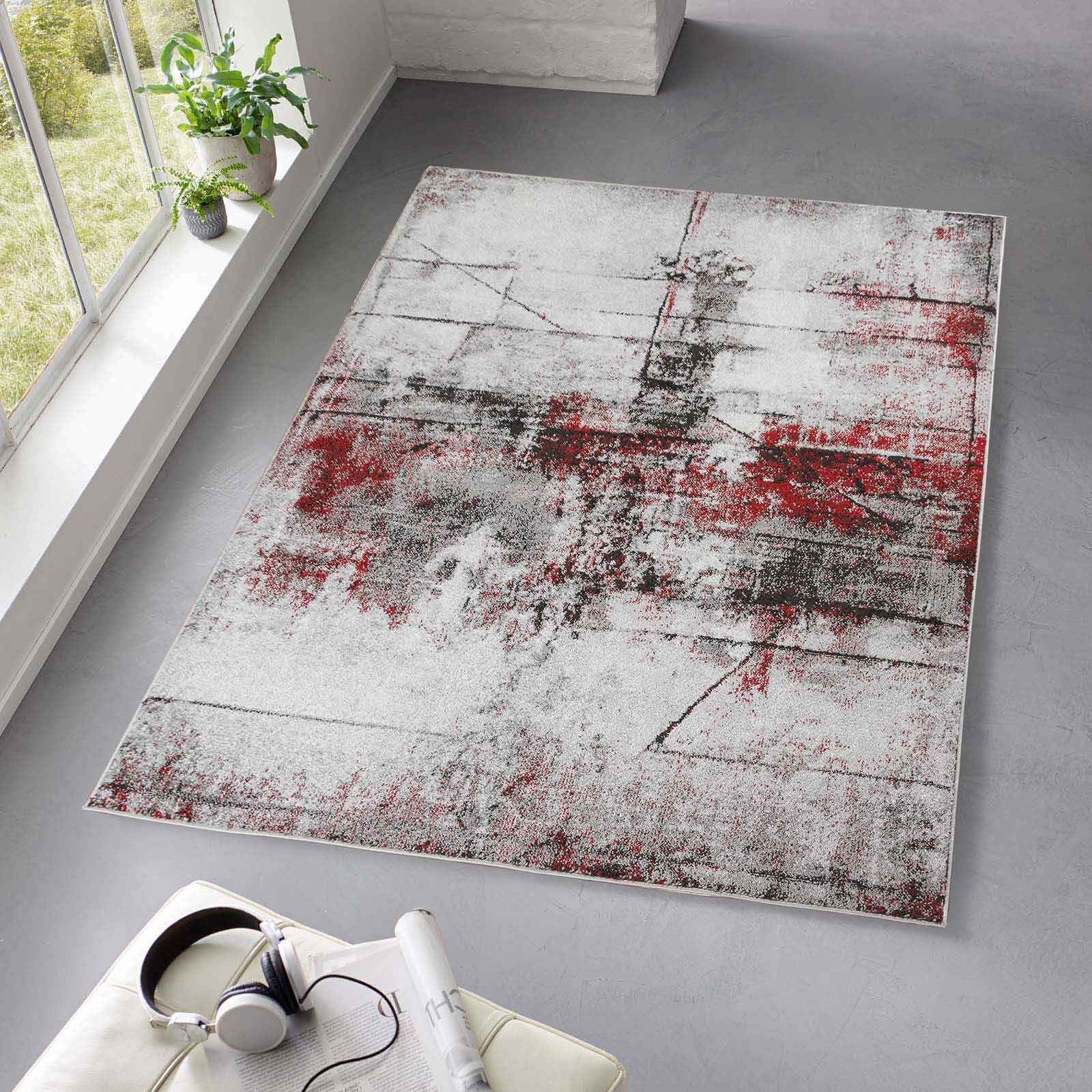 Teppich Moderner Designerteppich TC-Fashion 6111 Vintage in grau, rot und blau, TaraCarpet, rechteckig, Höhe: 12 mm, Kurzflor Vintage rot Wohnzimmer Schlafzimmer Kinderzimmer 080x140 cm