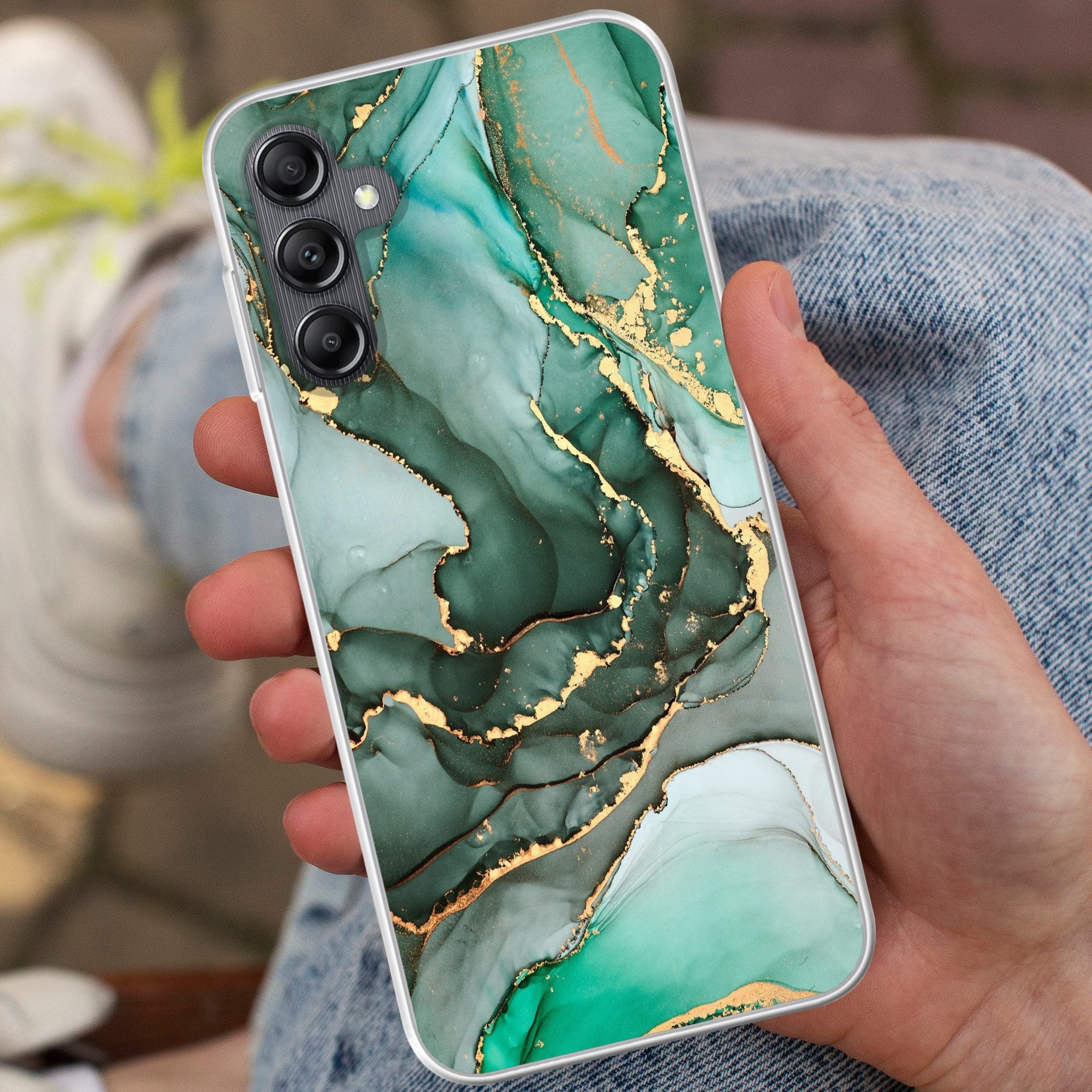 MuchoWow Handyhülle für Samsung Galaxy A14 5G Gold - Marmor - Grün - Luxus - Marmoroptik -, Smartphone-Bumper, Print, Handy Schutzhülle Dünn