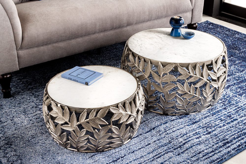 riess-ambiente Couchtisch ABSTRACT LEAF Ø70cm weiß / silber (Set, 2-St), Wohnzimmer · Marmor · Metall · rund · Blatt-Design · handmade · modern