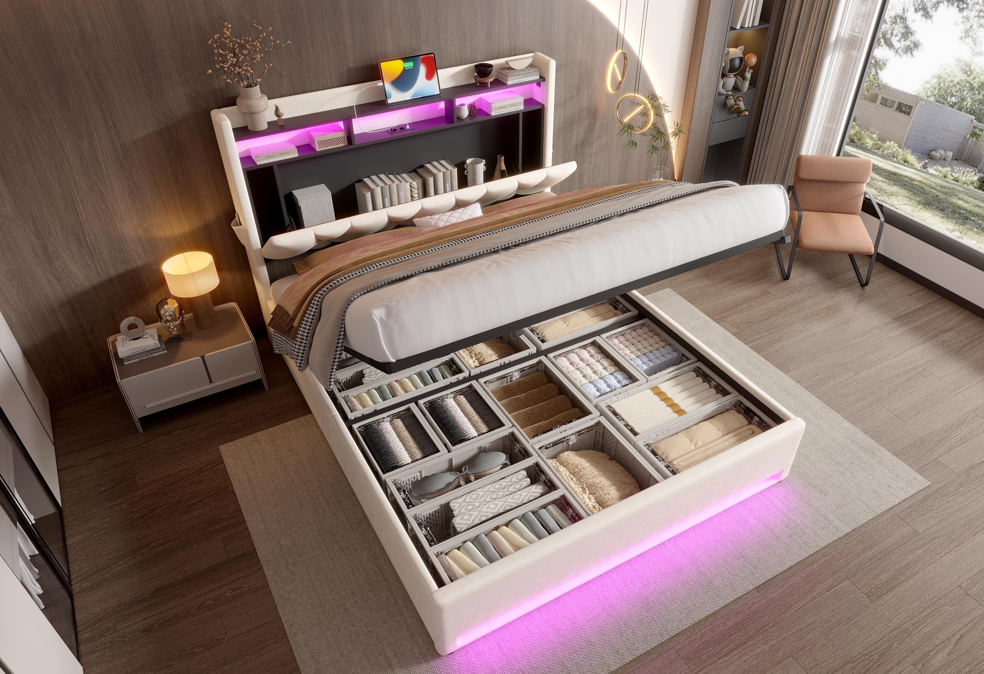 LVHOM Boxbett 140x200/160x200 cm mit LED-Licht, Bettkasten & USB-C/USB-Lade günstig online kaufen