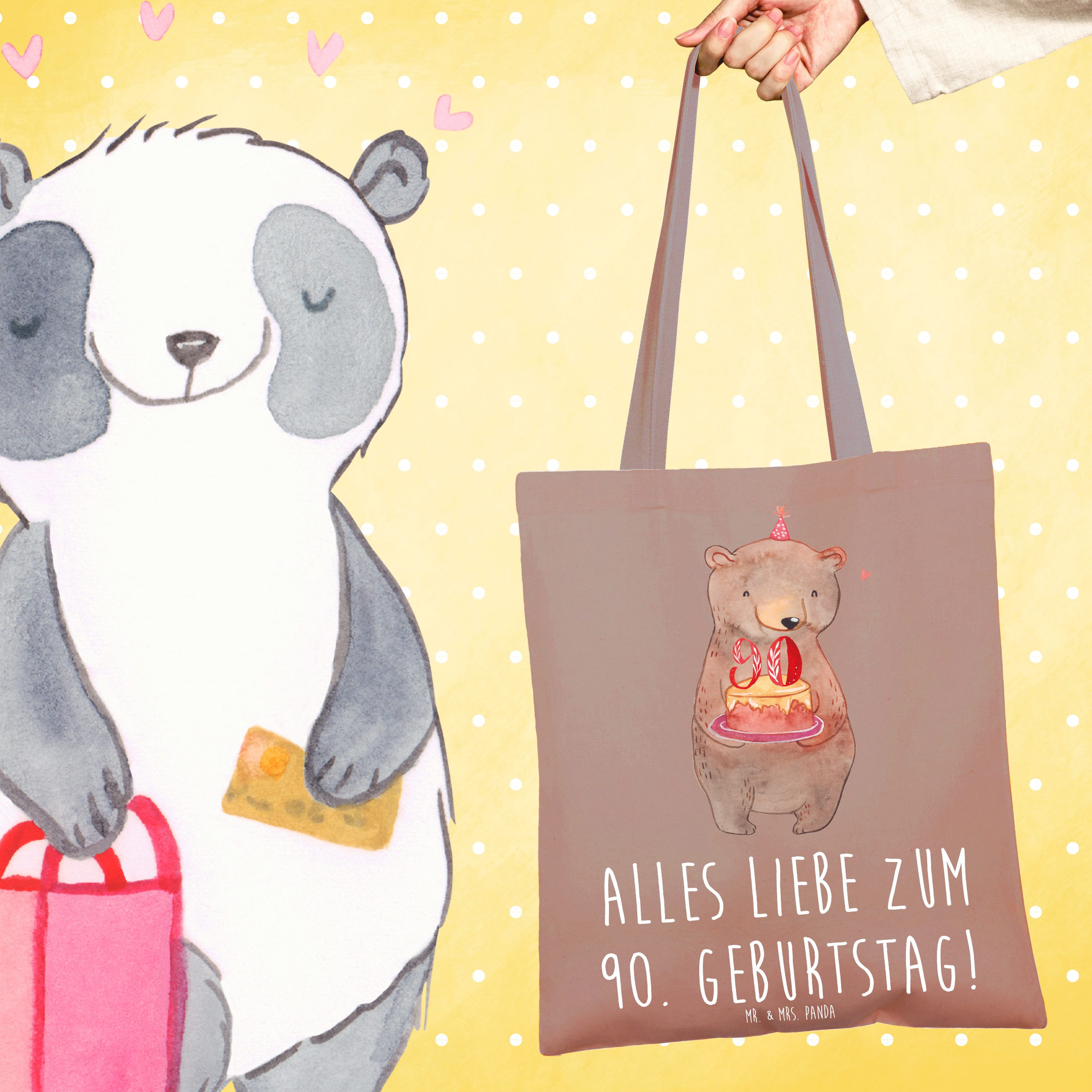 Mr. & Mrs. Panda Tragetasche Bär Torte 90. Geburtstag, Jutebeutel, Braun Pastell, Geschenk, dokume (Packung), Alltagstasche Baumwoll-Shopper festival tasche