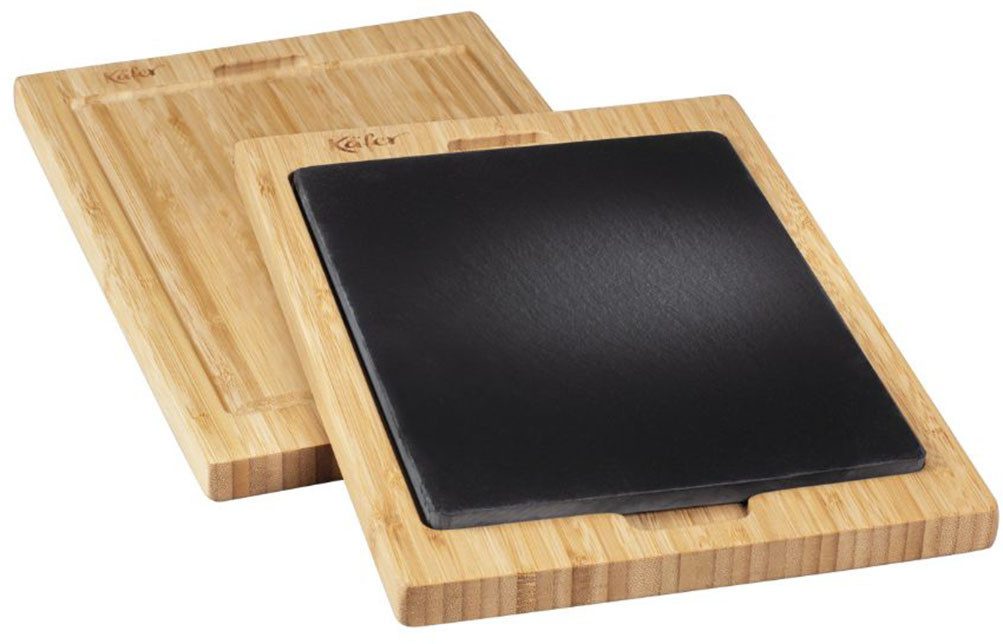 Käfer Servierbrett Käfer Thermo- Servier- und Schneidebrett, Bambus, Schiefer, (Set, 4-St., 2 x Bambus Schneidebrett, 2 x Schiefer Einleger), Set aus Bambus und Schiefer, ofenfest, kühlbar, mit Saftrille
